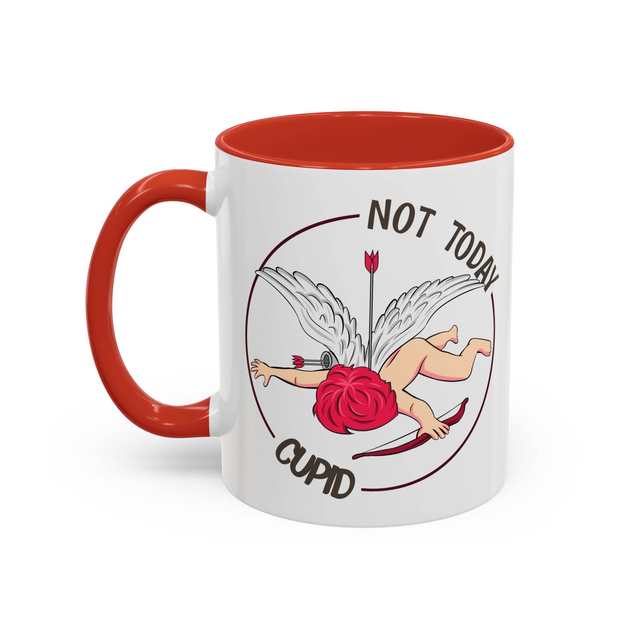 Not Today Cupid Coffee Mug — Funny Anti-Valentine Accent Mug (11/15oz)