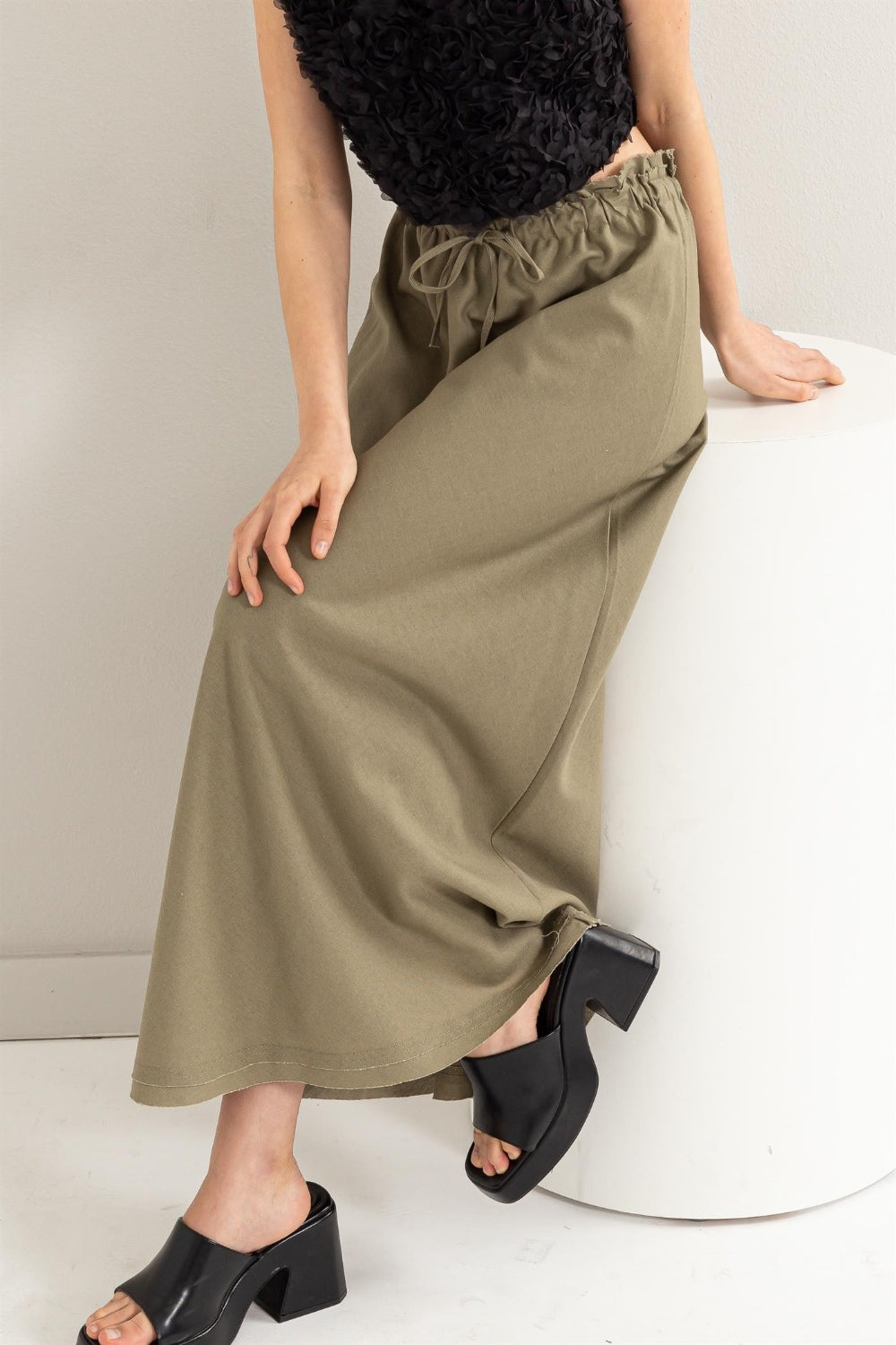 HYFVE Drawstring Washed Linen Maxi Skirt