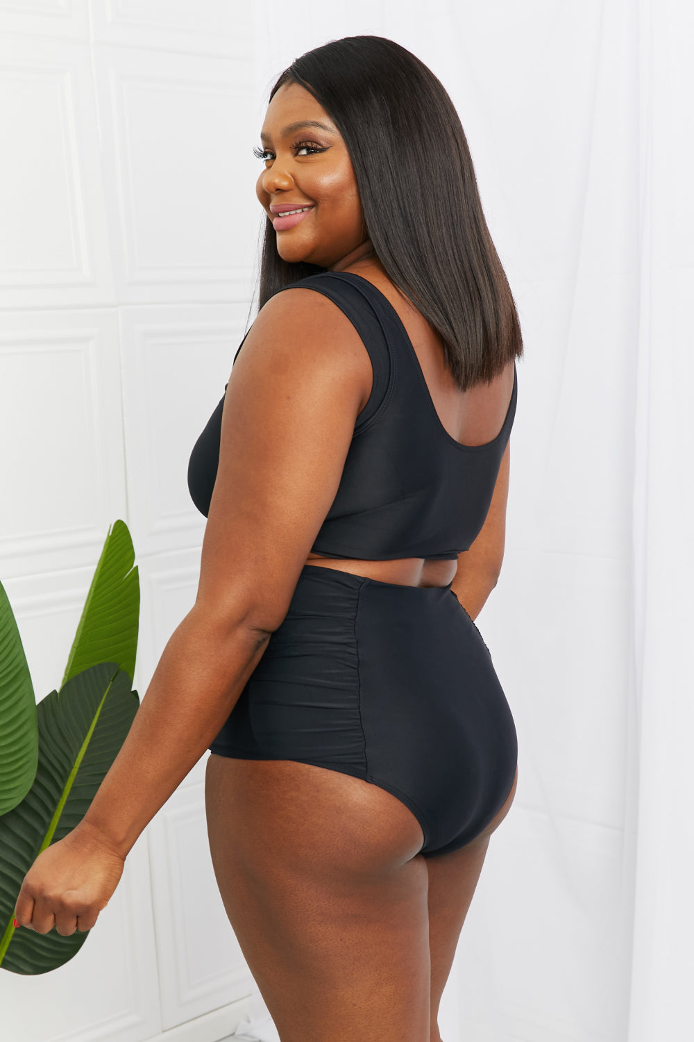 Marina West Swim Sanibel Crop Swim Top and Ruched Bottoms Set in Black