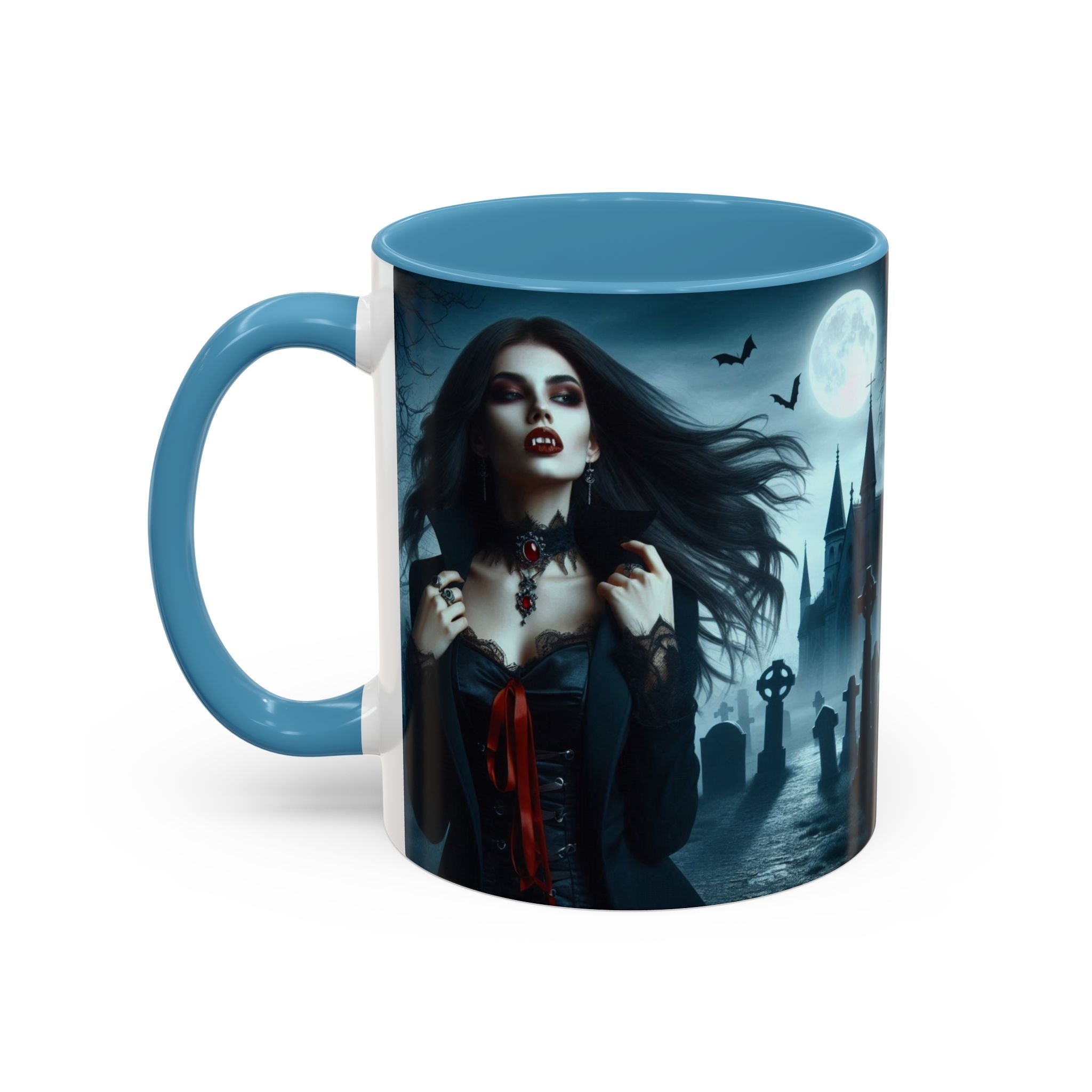 Gothic Vampire Coffee Mug - Spooky Halloween Drinkware in graveyard by castle
