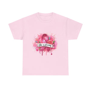 Unisex Heavy Cotton Tee - "She is Strong" Breast Cancer Awareness Shirt, Inspirational Tee, Gift for Her, Supportive Apparel, [...]