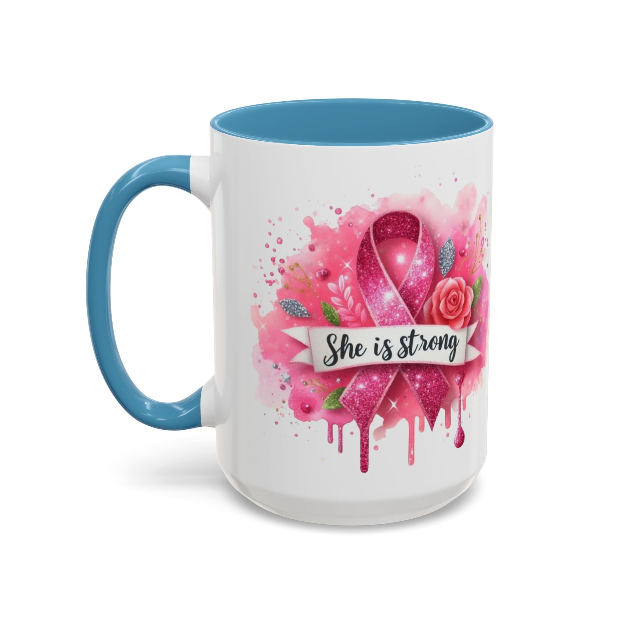 Empowering Pink Ribbon Coffee Mug - She Is Strong, Inspirational Gift for Breast Cancer Awareness, Motivational Drinkware, Supportive [...]