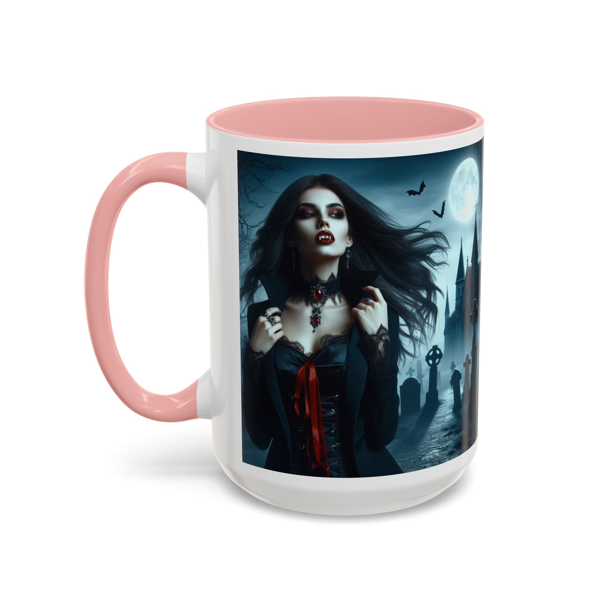 Gothic Vampire Coffee Mug - Spooky Halloween Drinkware in graveyard by castle