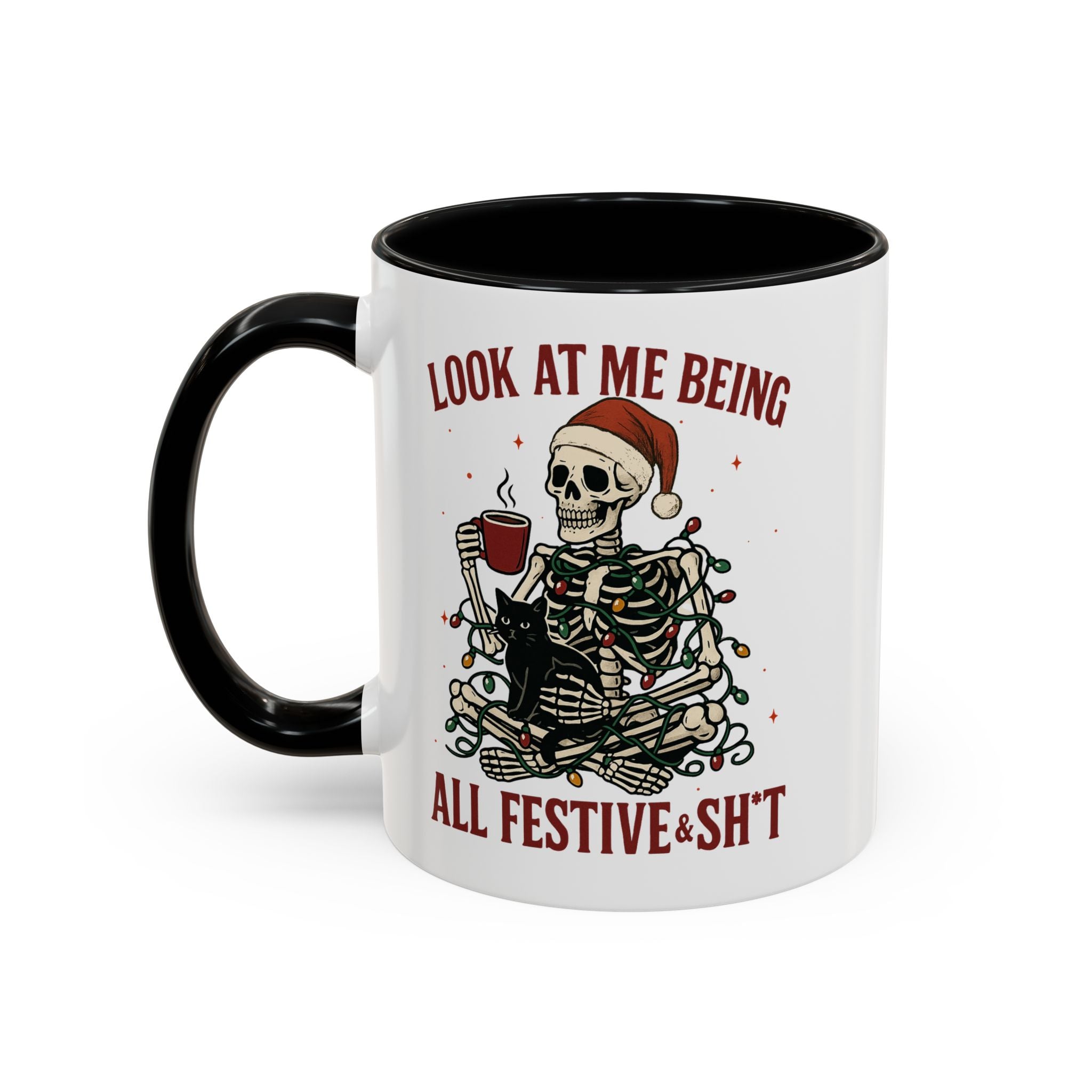 Festive Skeleton Coffee Mug, Unique Holiday Gift, Halloween Decor, Cat Lover's Mug, Funny Gift for Friends