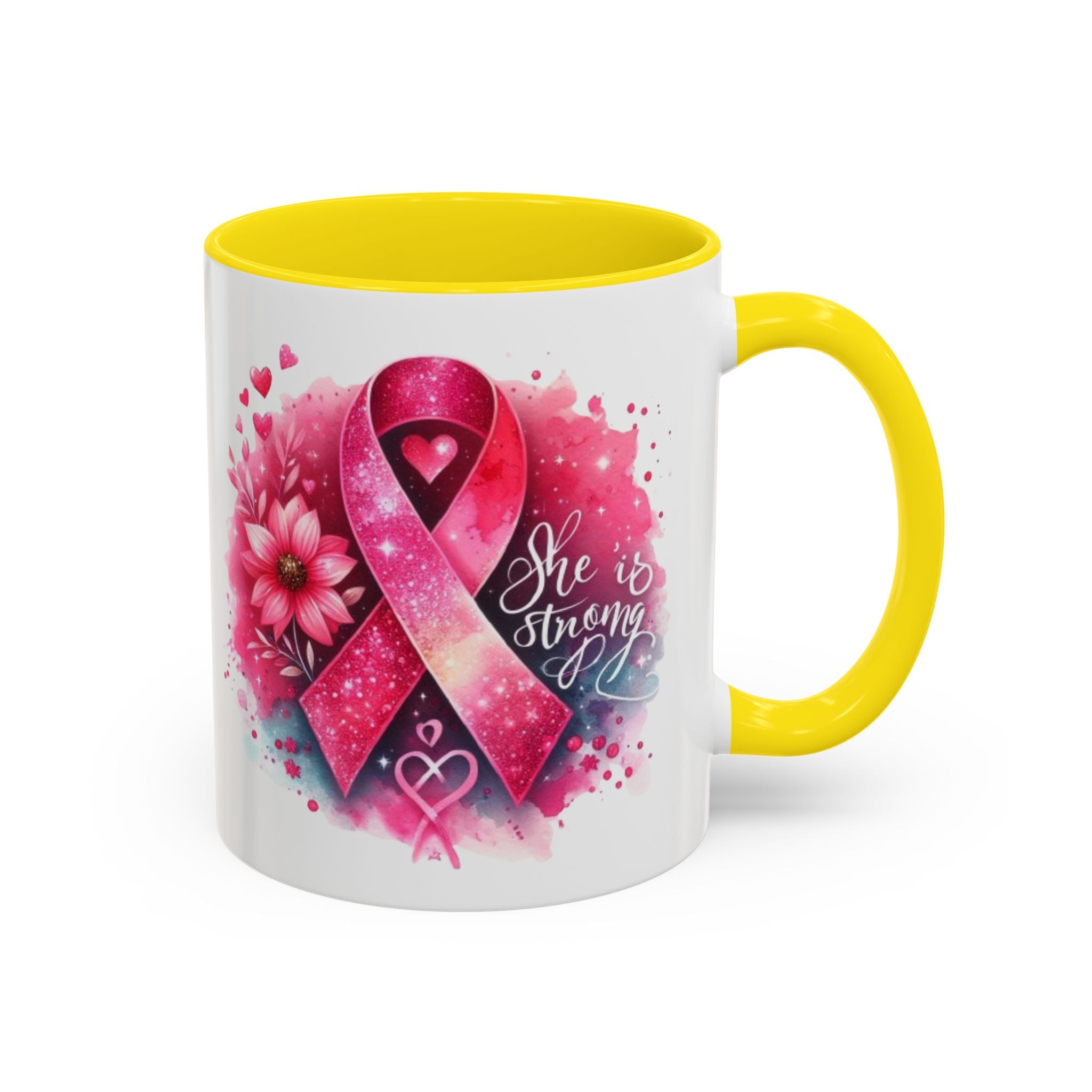 Breast Cancer Awareness Coffee Mug - Inspirational Gift, Motivational Drinkware, Supportive Cup, Pink Ribbon Design, She Is Strong