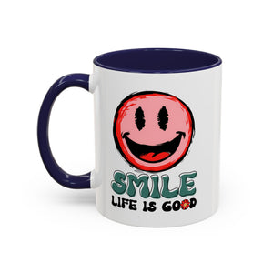 Smiley Face Accent Coffee Mug - "Smile, Life is Good" - 11oz & 15oz