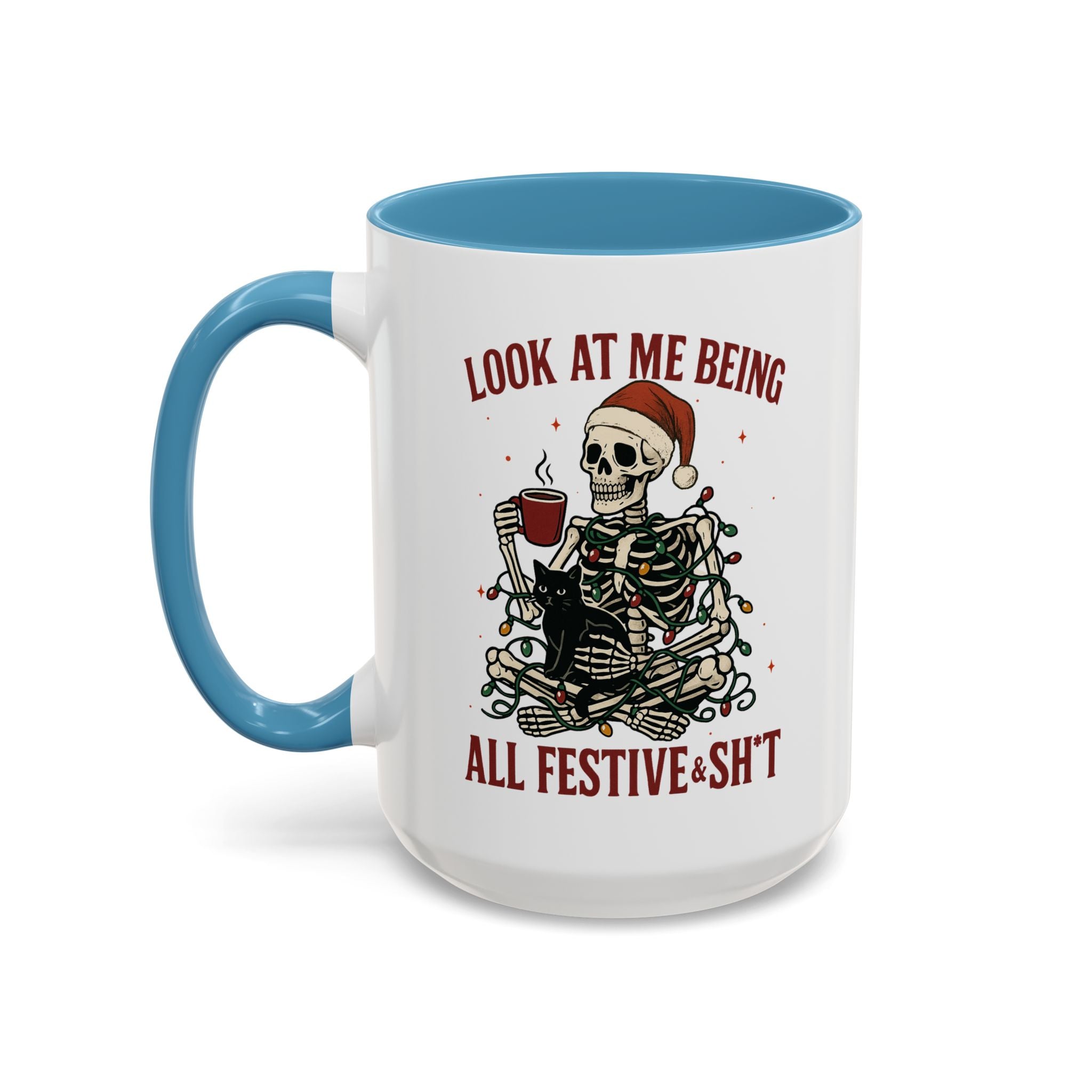 Festive Skeleton Coffee Mug, Unique Holiday Gift, Halloween Decor, Cat Lover's Mug, Funny Gift for Friends