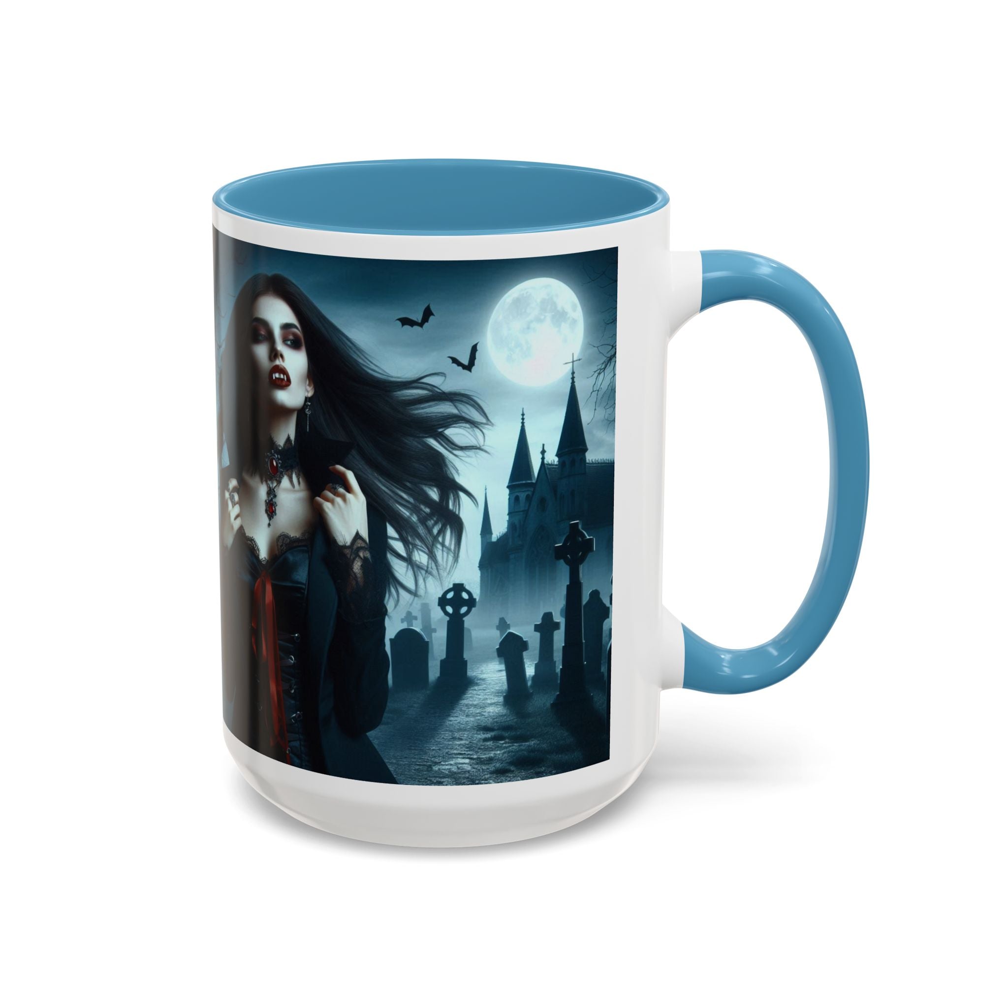Gothic Vampire Coffee Mug - Spooky Halloween Drinkware in graveyard by castle