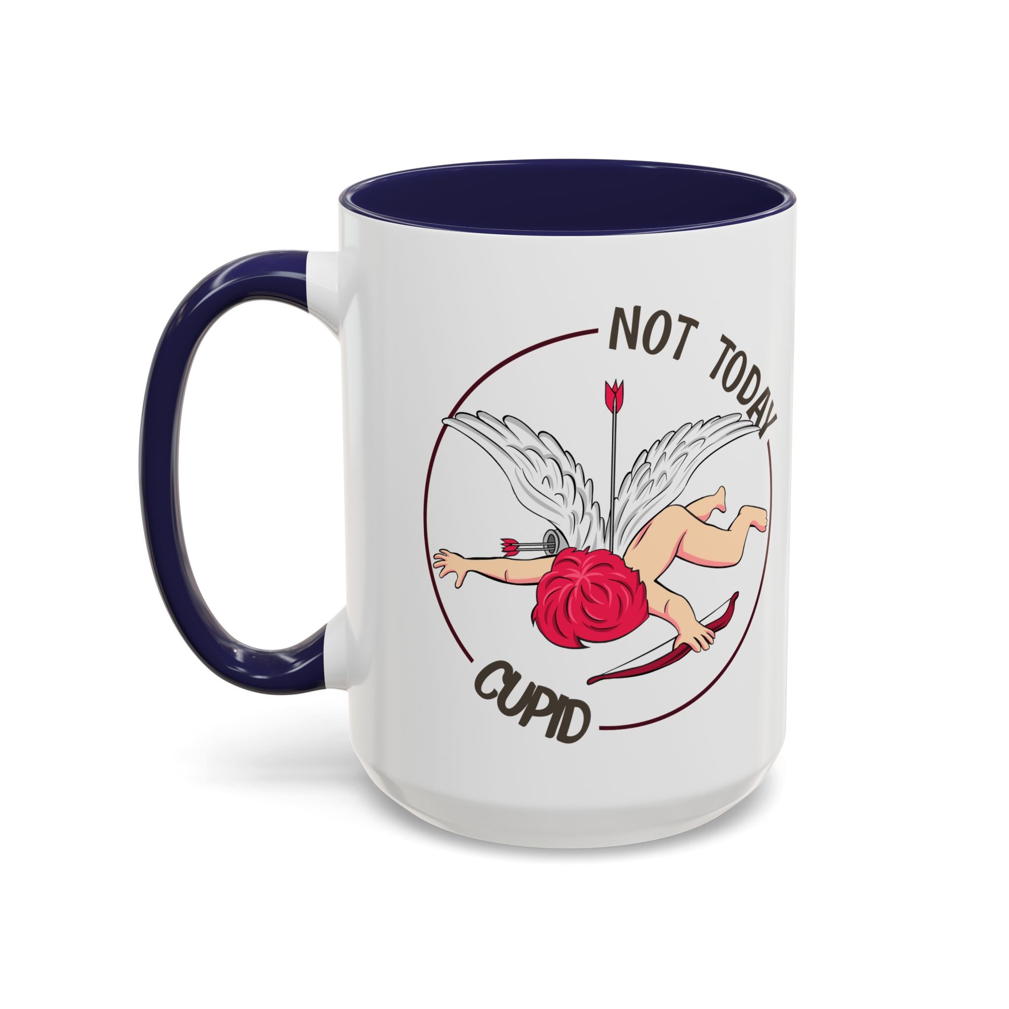 Not Today Cupid Coffee Mug — Funny Anti-Valentine Accent Mug (11/15oz)