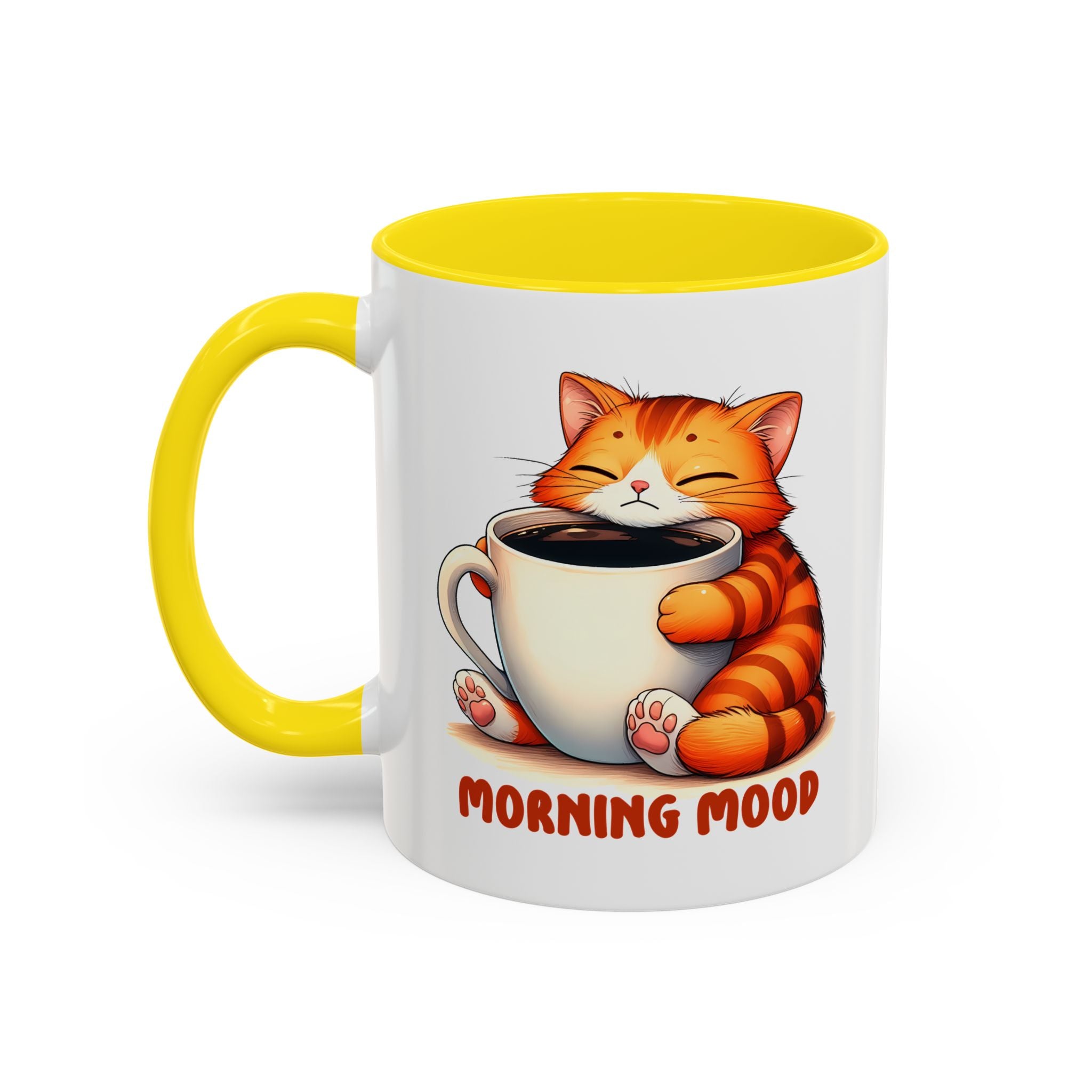 Morning Mood Cat Coffee Mug — Cute Orange Cat Holding Cup (11/15oz)