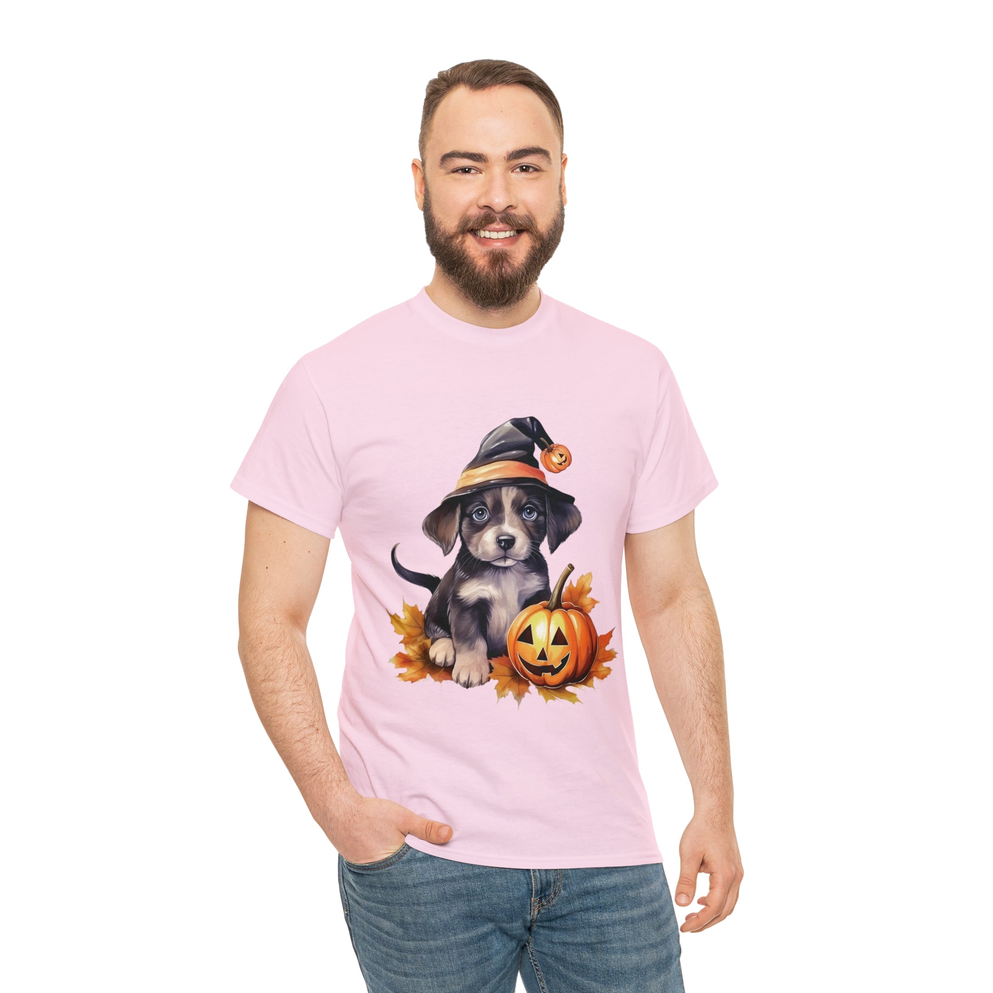 halloween t shirt puppy in witch hat cute gift for her stocking stuffer fall fun item for whole family Unisex Heavy Cotton Tee