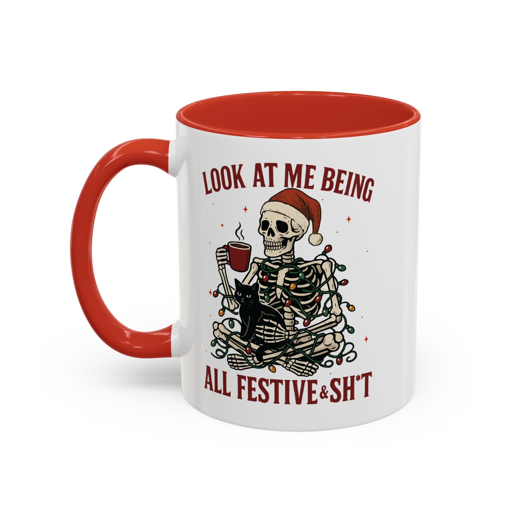 Festive Skeleton Coffee Mug, Unique Holiday Gift, Halloween Decor, Cat Lover's Mug, Funny Gift for Friends