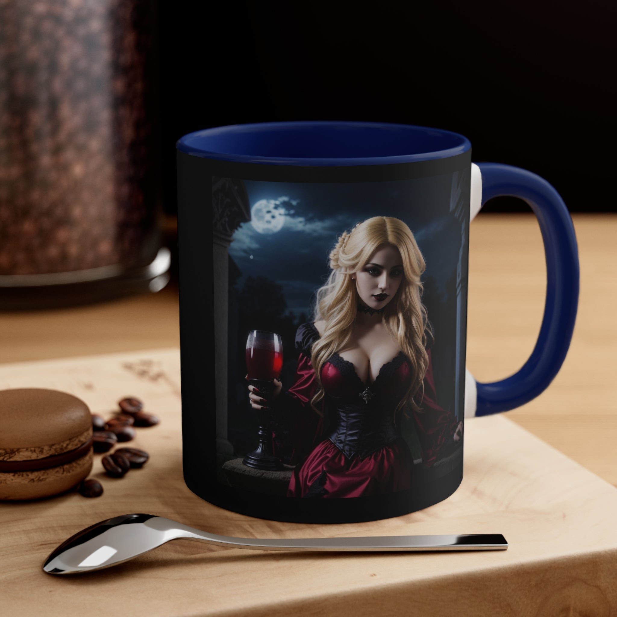 gothic blonde vampire drinking blood Accent Coffee Mug, 11oz