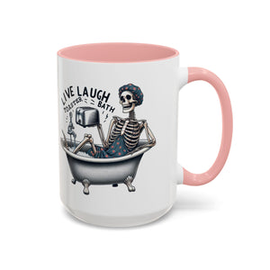 Skeleton Bath Time Coffee Mug, Live Laugh Roast & Relax Skeleton Mug, Funny Gift for Halloween, Quirky Kitchen Decor, Unique Coffee Cup