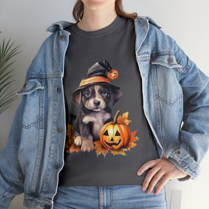 halloween t shirt puppy in witch hat cute gift for her stocking stuffer fall fun item for whole family Unisex Heavy Cotton Tee