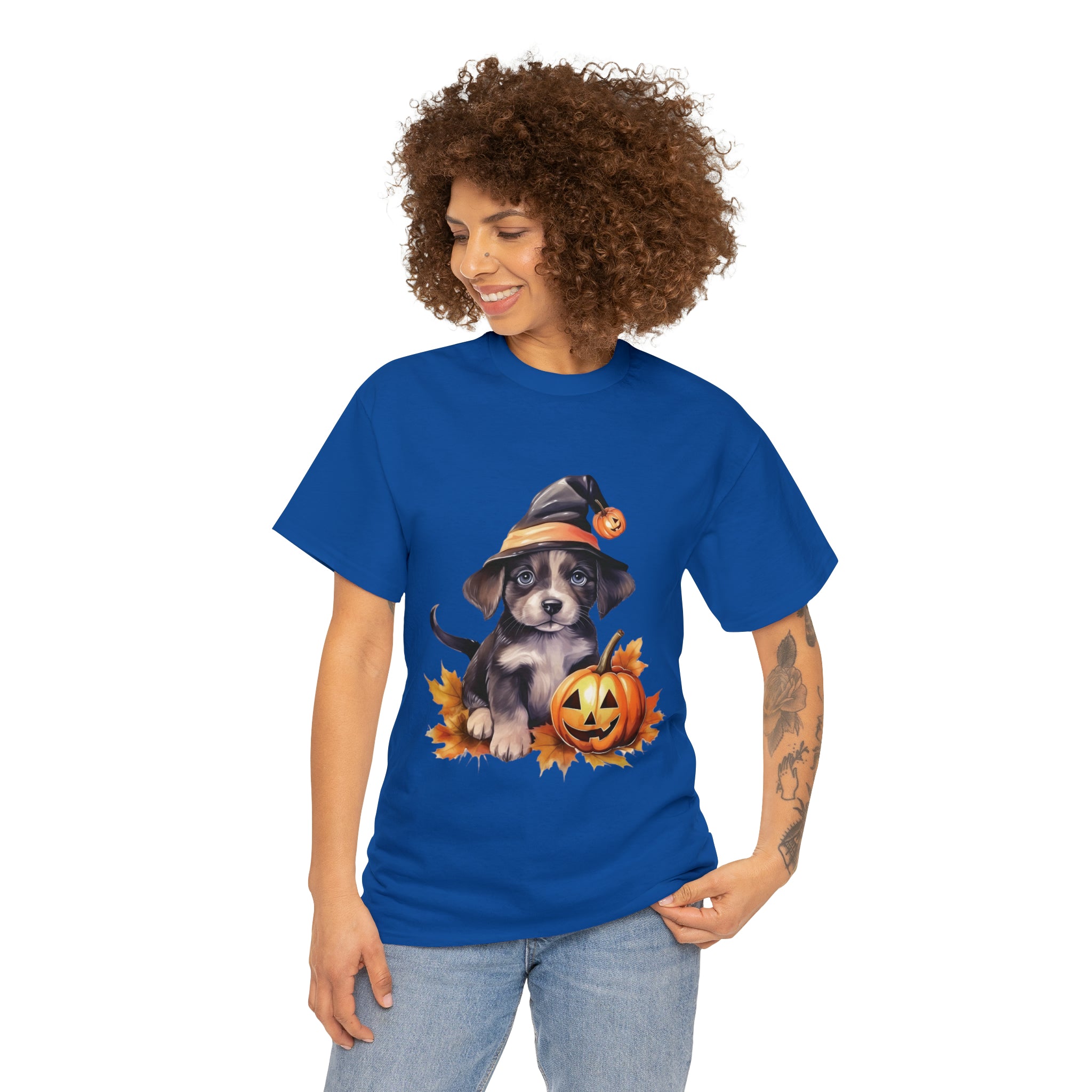 halloween t shirt puppy in witch hat cute gift for her stocking stuffer fall fun item for whole family Unisex Heavy Cotton Tee