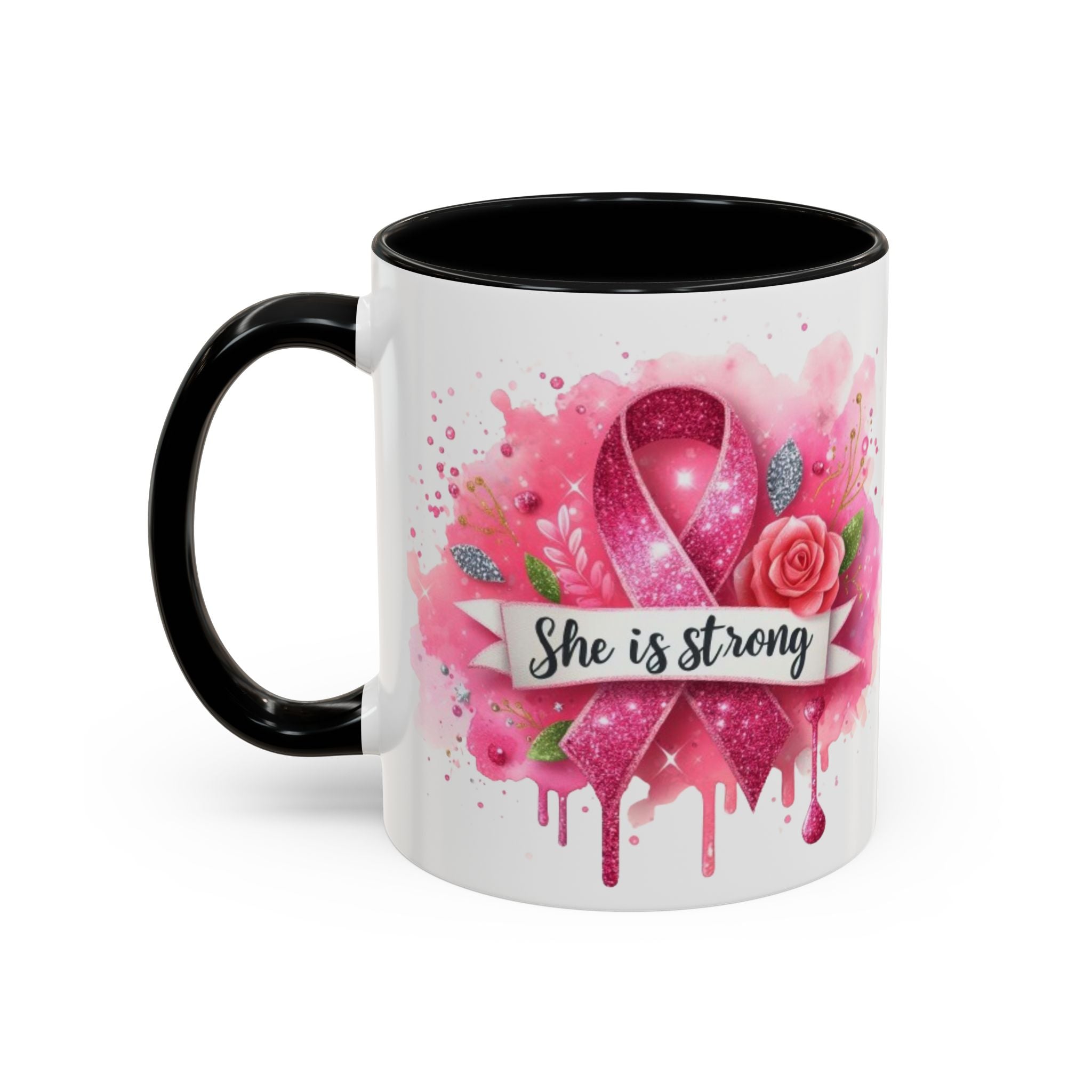 Empowering Pink Ribbon Coffee Mug - She Is Strong, Inspirational Gift for Breast Cancer Awareness, Motivational Drinkware, Supportive [...]