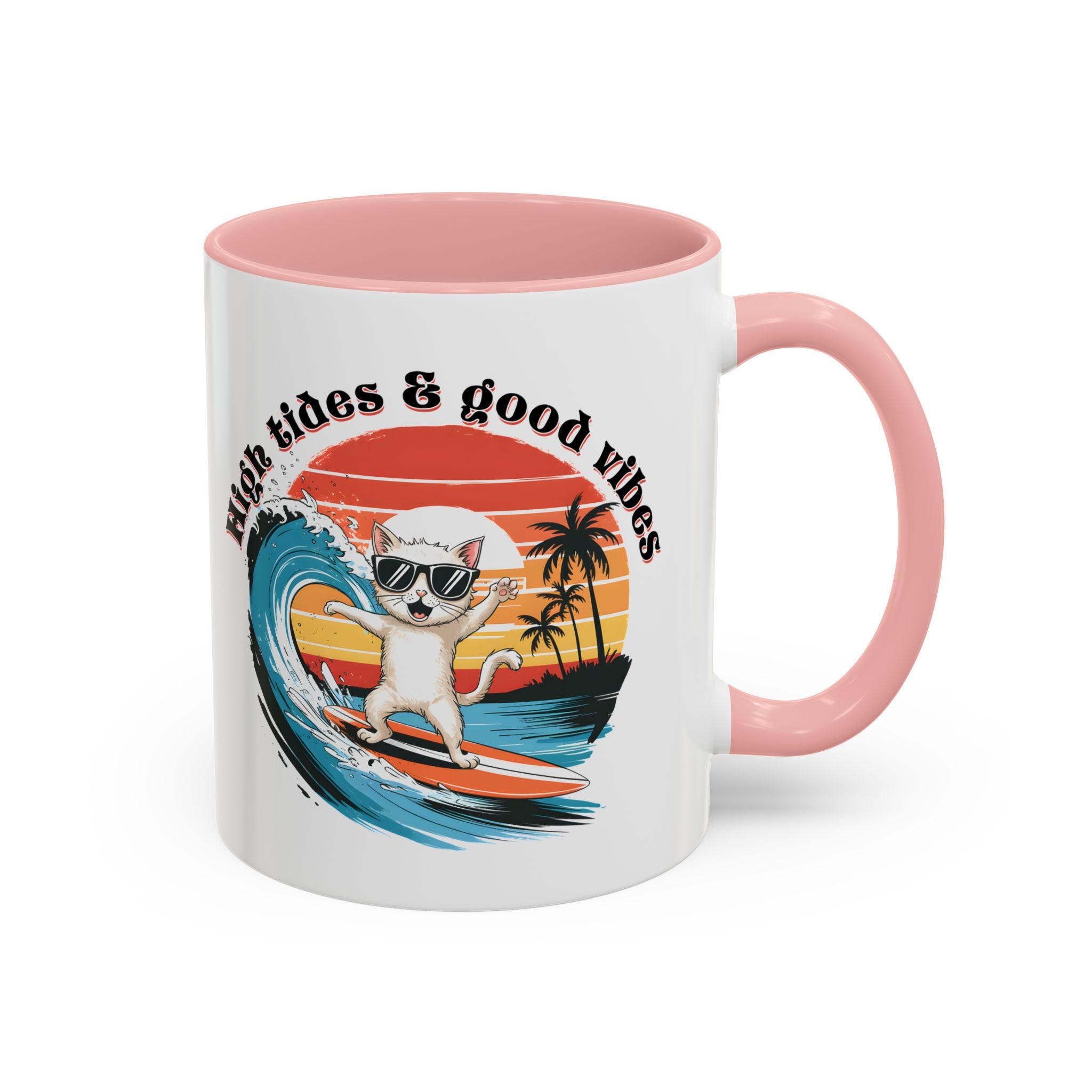 Surfing Cat Coffee Mug - High Tides & Good Vibes - Beach Lover Gift animal lover funny