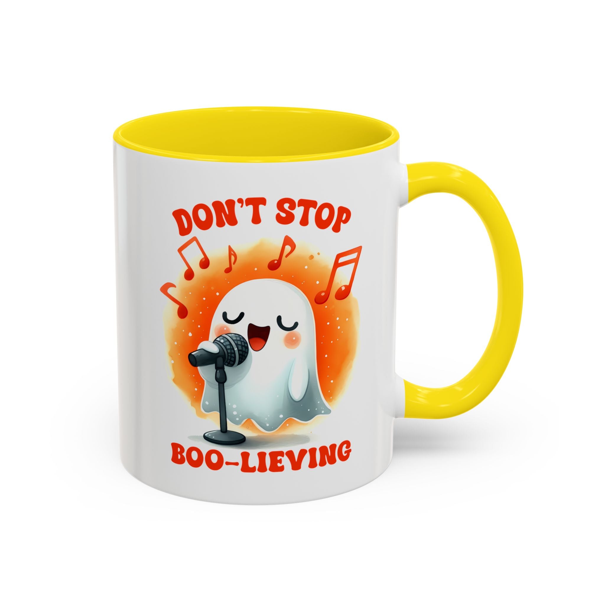 Ghost Coffee Mug, Perfect for Halloween, Fun Gift for Kids & Adults, Don't Stop Boo-lieving Mug, Caffeinated Spirits
