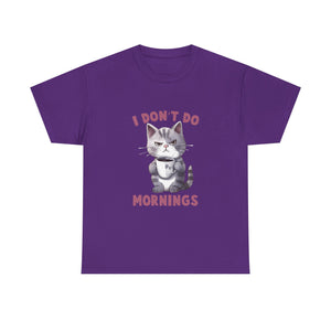 I Don't Do Mornings Cat Tee | Funny Unisex Cotton T-Shirt, Gift for Cat Lovers, Relaxed Fit Top, Cute Pet Owner Appreciation