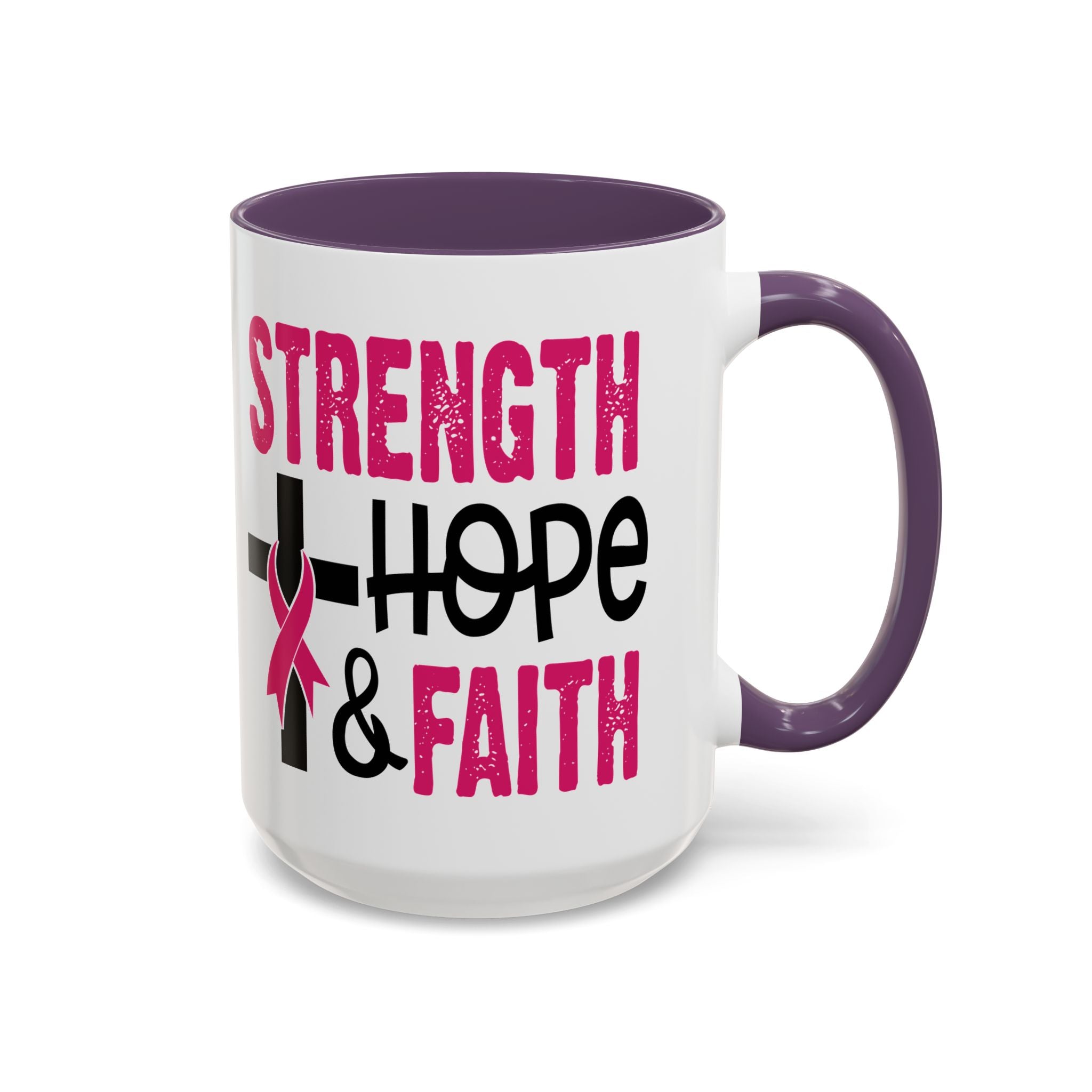 Inspirational Coffee Mug - Strength, Hope, Faith, Pink Ribbon, Christian Gifts, Motivational Drinkware, Breast Cancer Awareness