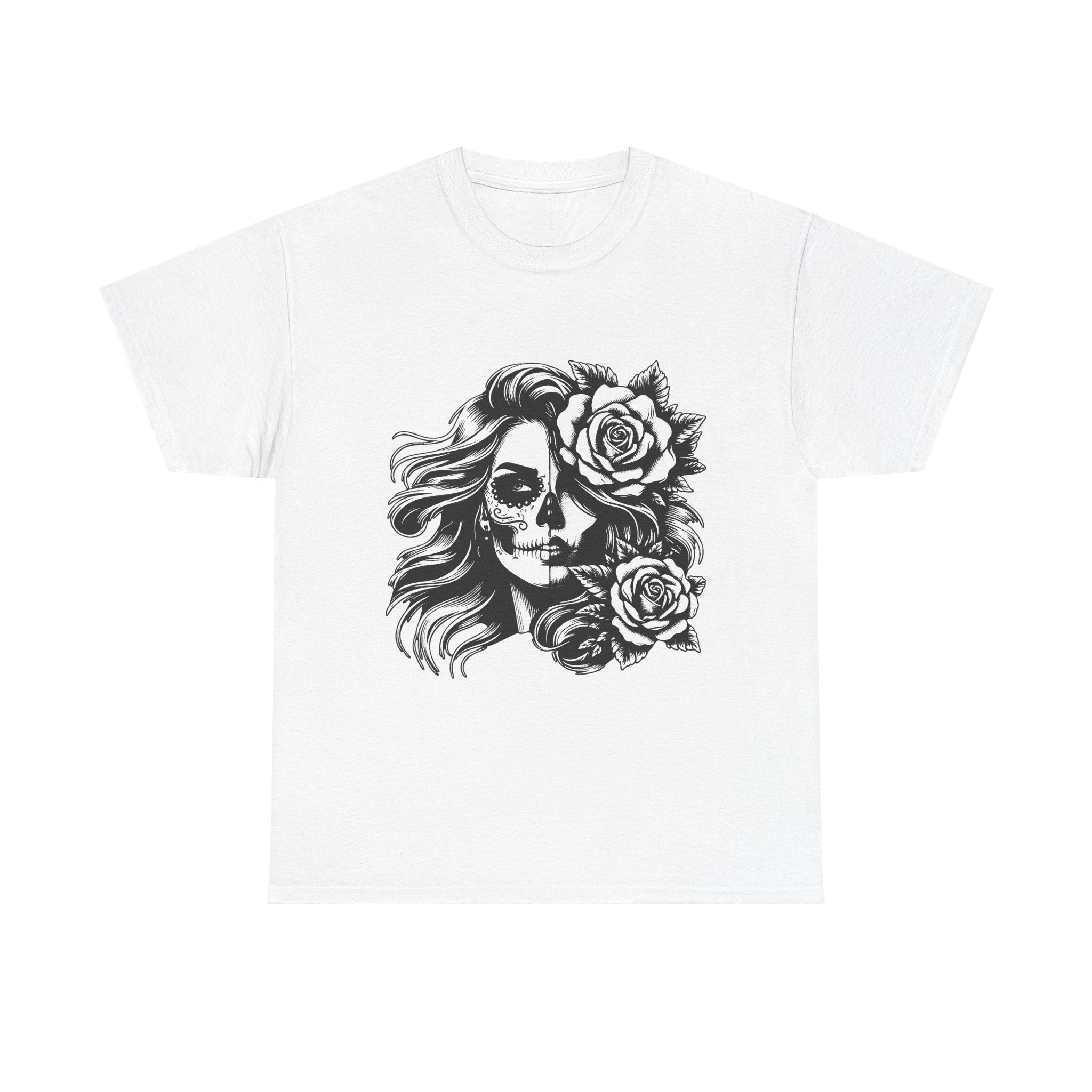 Skull & Rose Unisex Heavy Cotton Tee - Edgy Floral Graphic T-Shirt