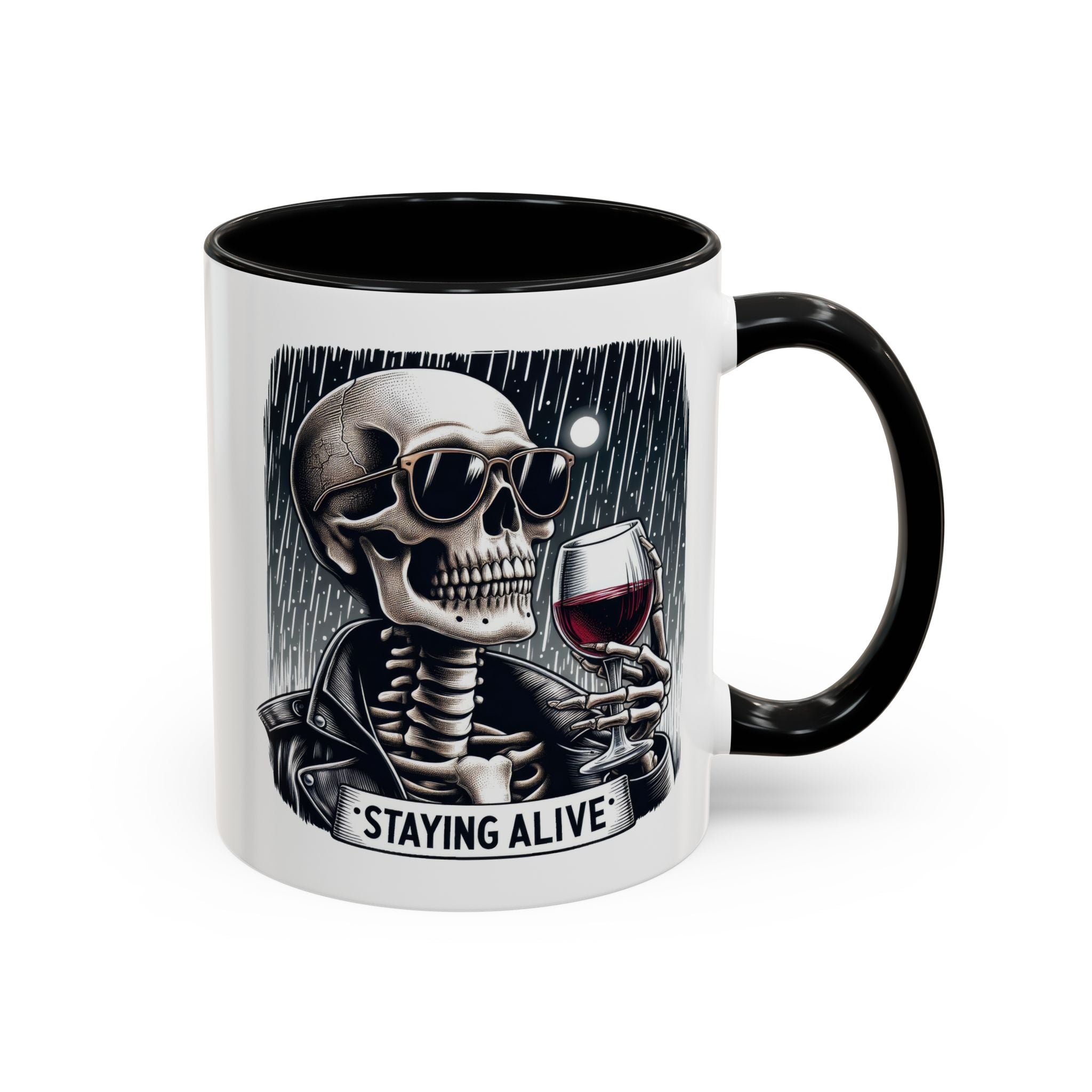 Stylish Skull Coffee Mug, Gothic Drinkware, Staying Alive Gift for Halloween, Funny Office Mug, Alternative Drinkware
