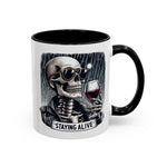 Stylish Skull Coffee Mug, Gothic Drinkware, Staying Alive Gift for Halloween, Funny Office Mug, Alternative Drinkware
