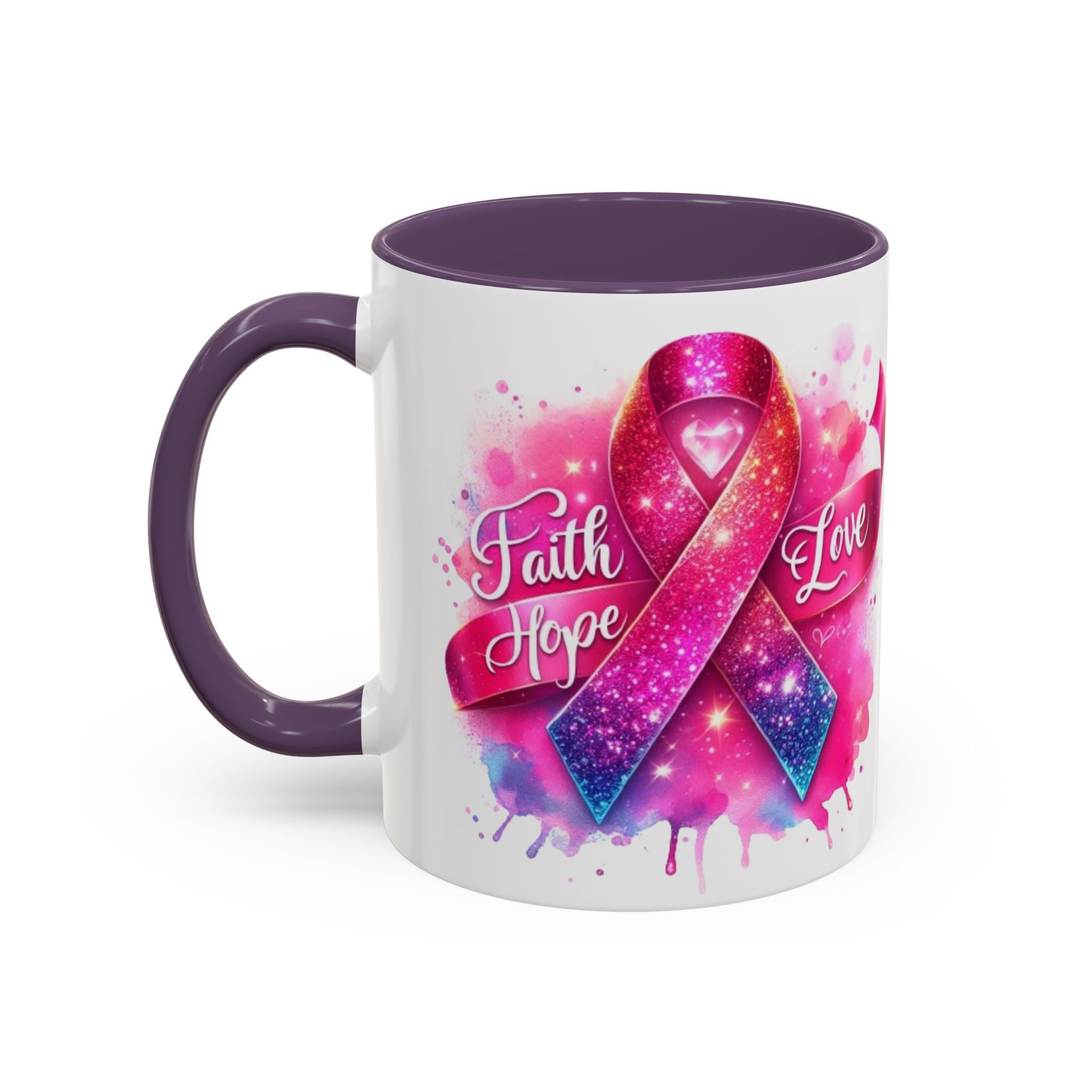 Inspirational Ribbon Coffee Mug - Faith, Hope, Love, Support, Gift for Cancer Awareness, Breast Cancer, Encouragement, Motivational