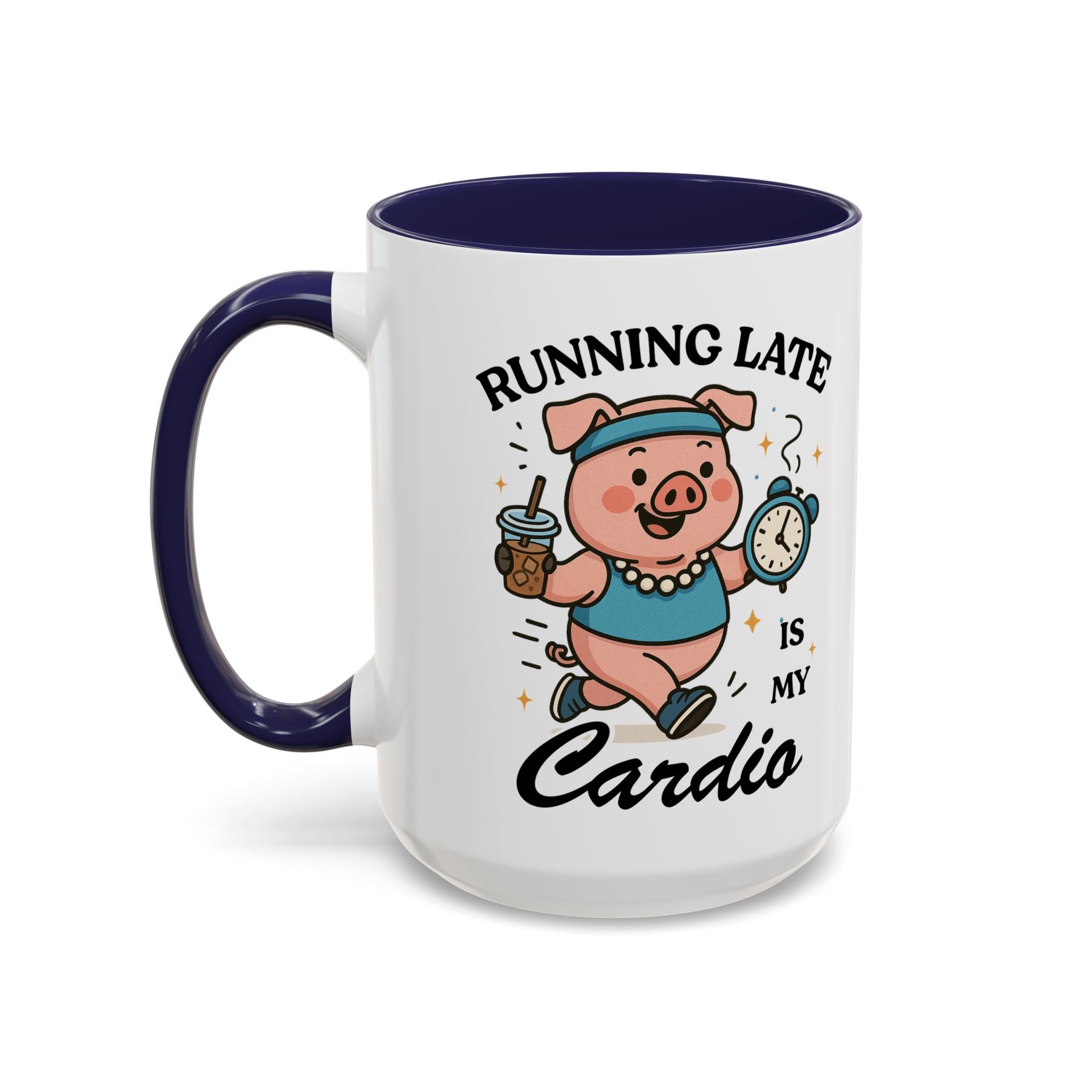 Running Late Is My Cardio Coffee Mug — Funny Pig Jogger Accent Mug (11/15oz)