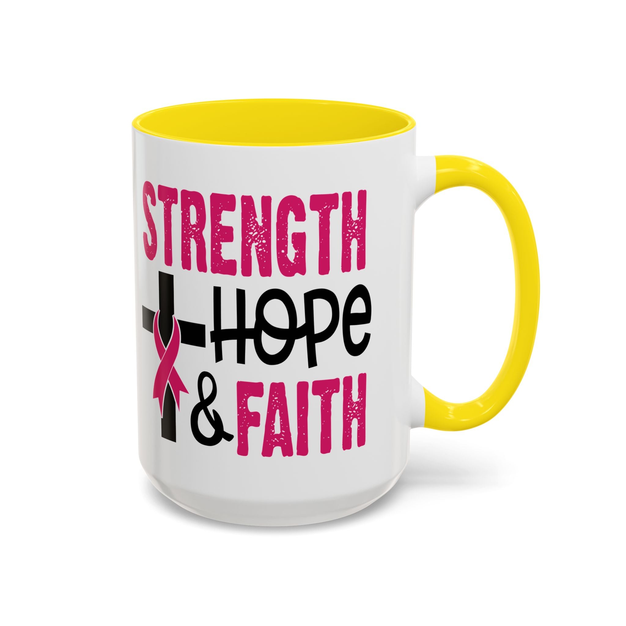 Inspirational Coffee Mug - Strength, Hope, Faith, Pink Ribbon, Christian Gifts, Motivational Drinkware, Breast Cancer Awareness