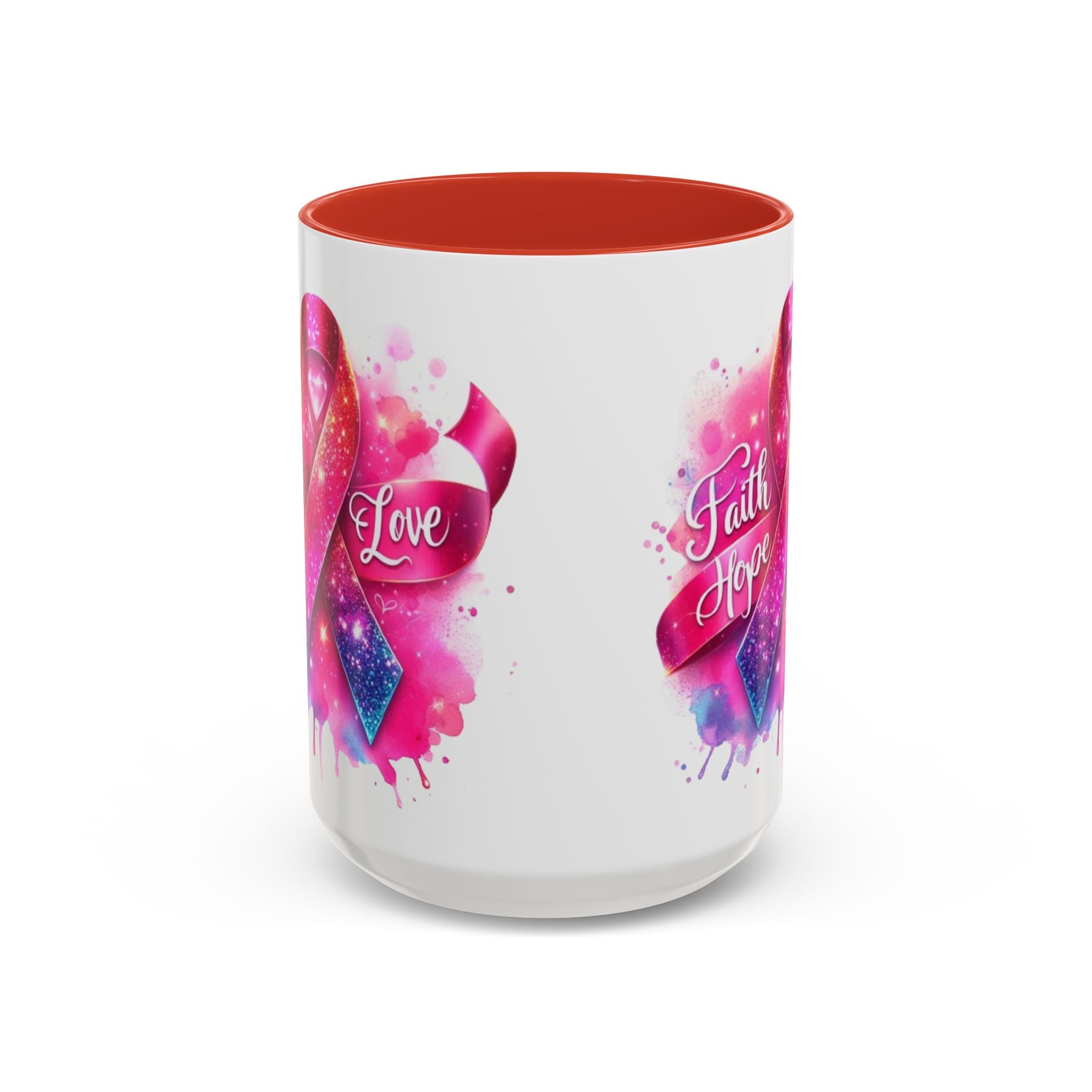 Inspirational Ribbon Coffee Mug - Faith, Hope, Love, Support, Gift for Cancer Awareness, Breast Cancer, Encouragement, Motivational