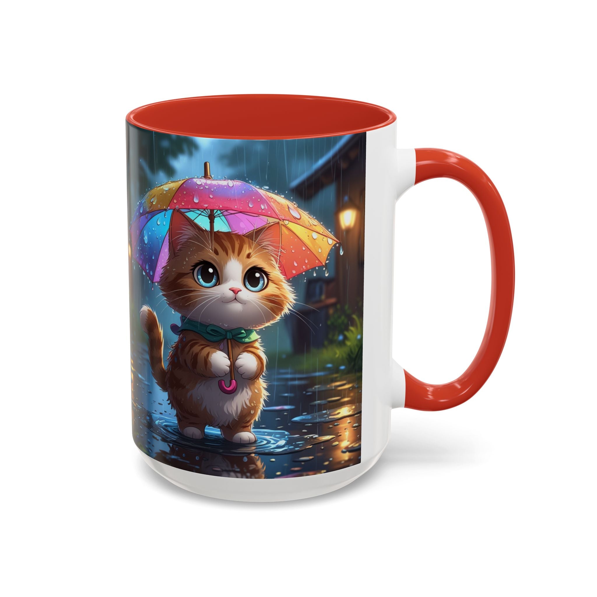 Cute Rainy Day Cat Mug — Kawaii Kitten with Rainbow Umbrella Coffee Cup (11/15oz)
