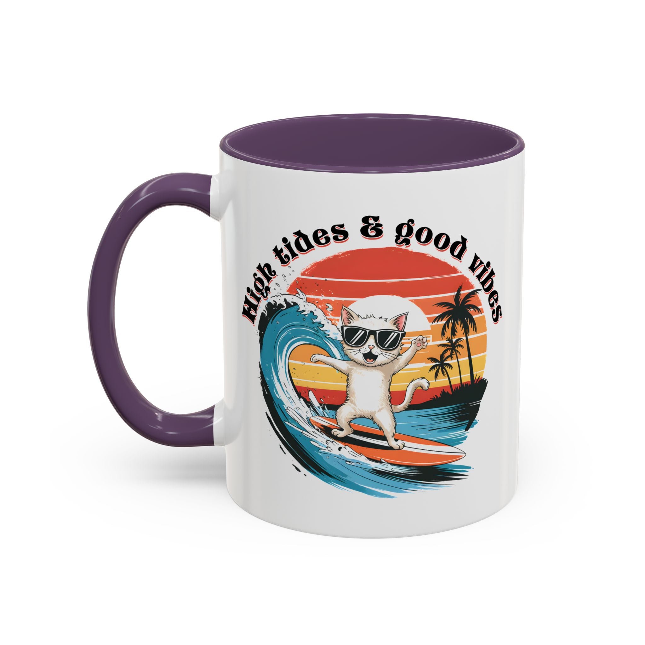 Surfing Cat Coffee Mug - High Tides & Good Vibes - Beach Lover Gift animal lover funny