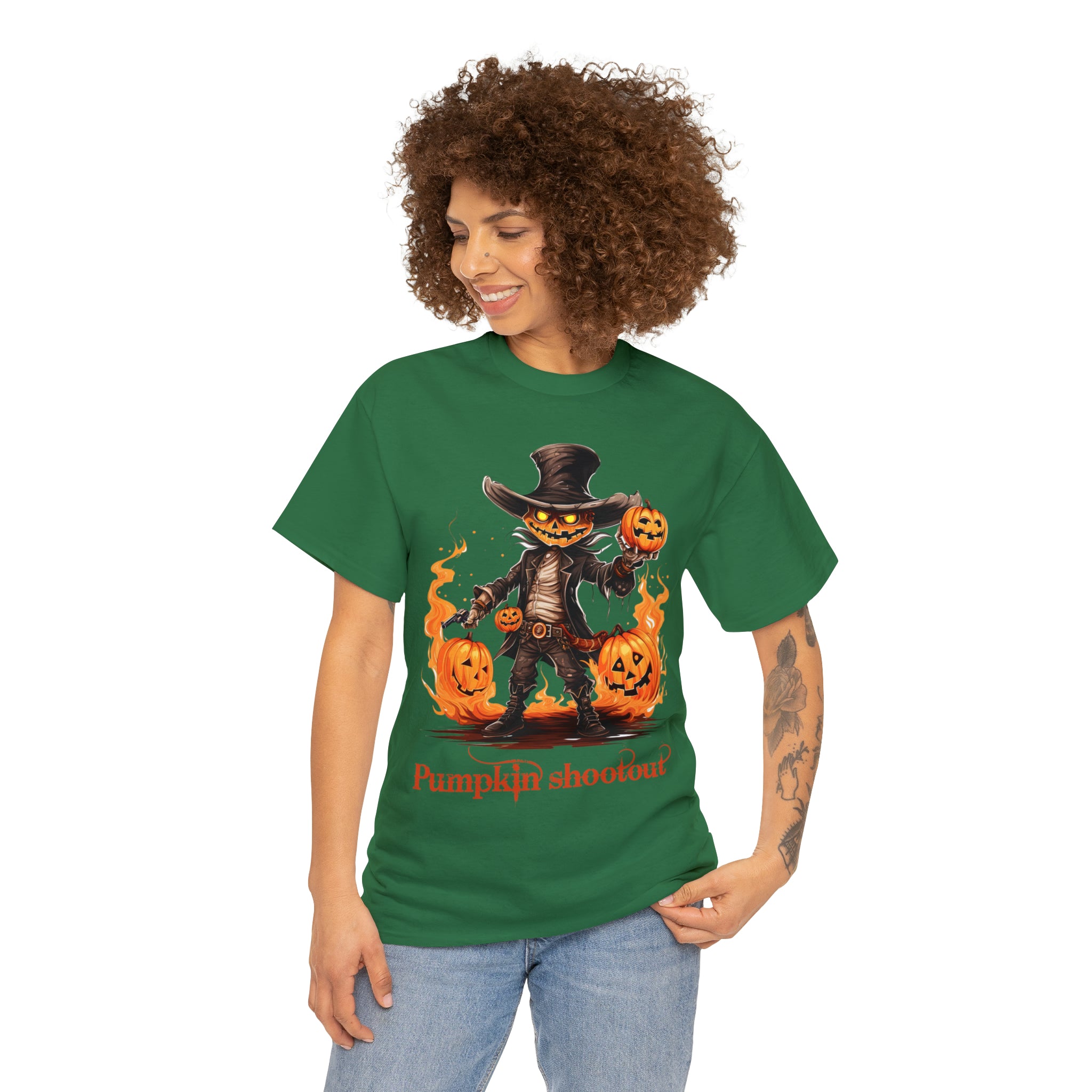 Halloween t shirt pumpkin western style shootout funny fall fun scary stocking stuffer for whole family  cotton tee