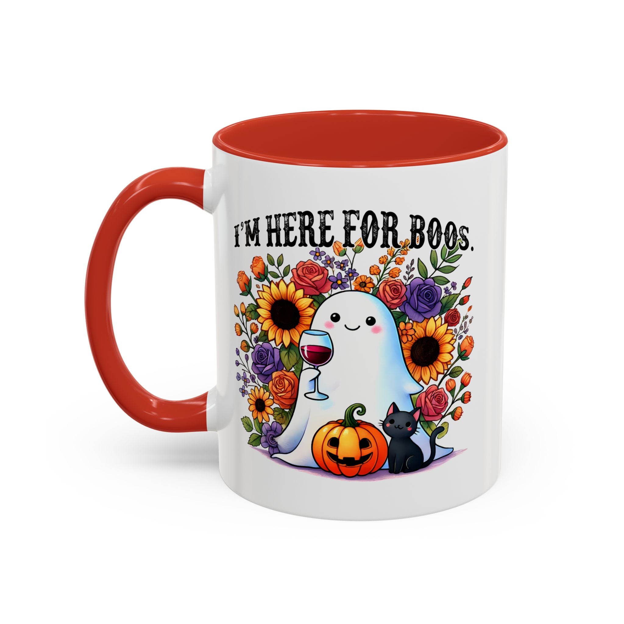 Spooky Floral Coffee Mug - I'm Here for Boos, Halloween Gift, Autumn Decor, Cute Ghost Mug, Cat Lover Drinkware
