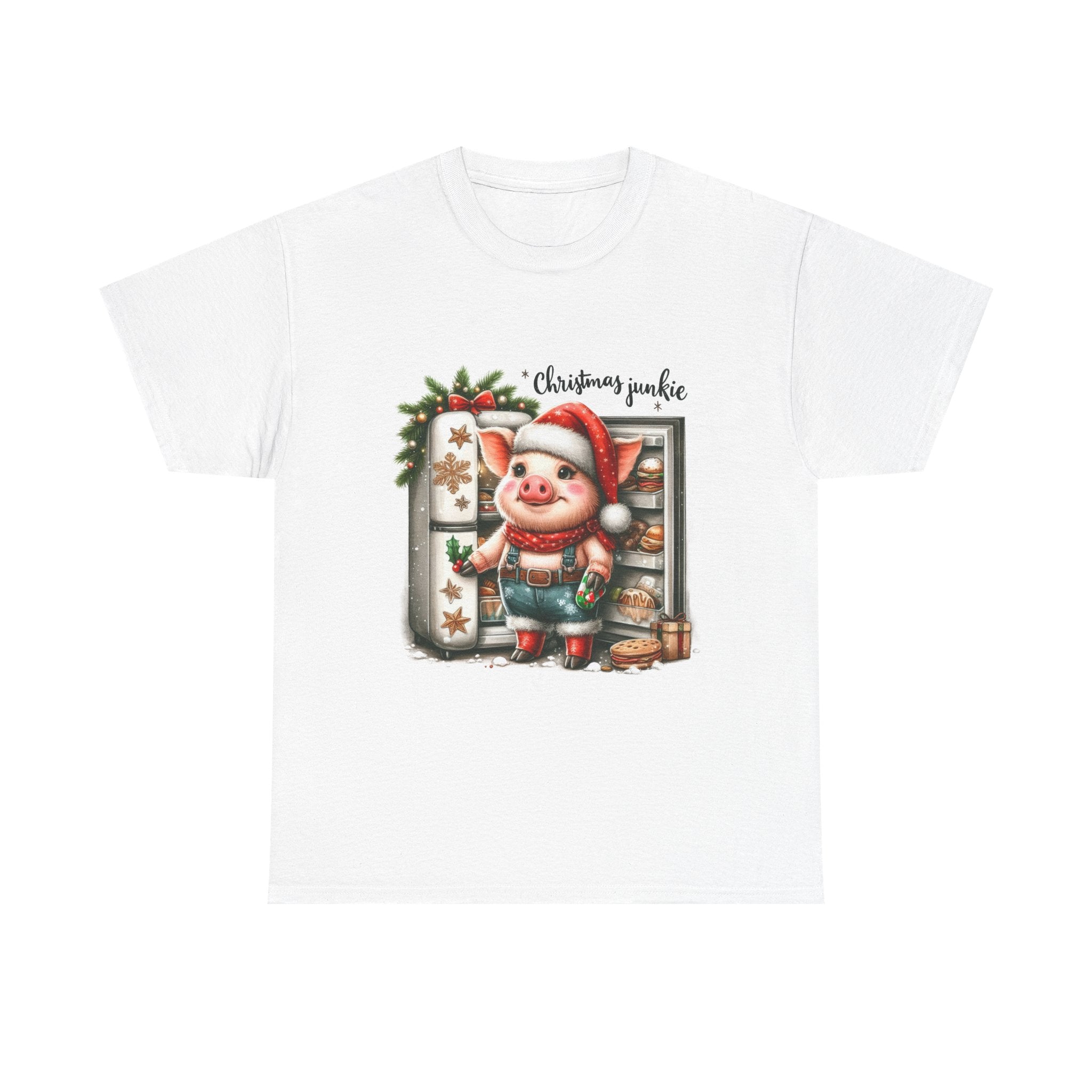 Christmas Junkie Unisex Cotton Tee, Fun Holiday Shirt, Christmas Gift, Pig T-Shirt, Festive Apparel, Cute Christmas Outfit