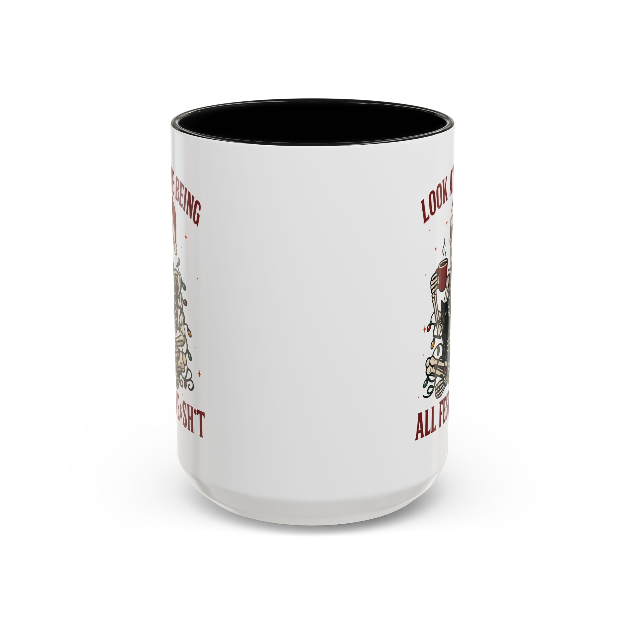 Festive Skeleton Coffee Mug, Unique Holiday Gift, Halloween Decor, Cat Lover's Mug, Funny Gift for Friends