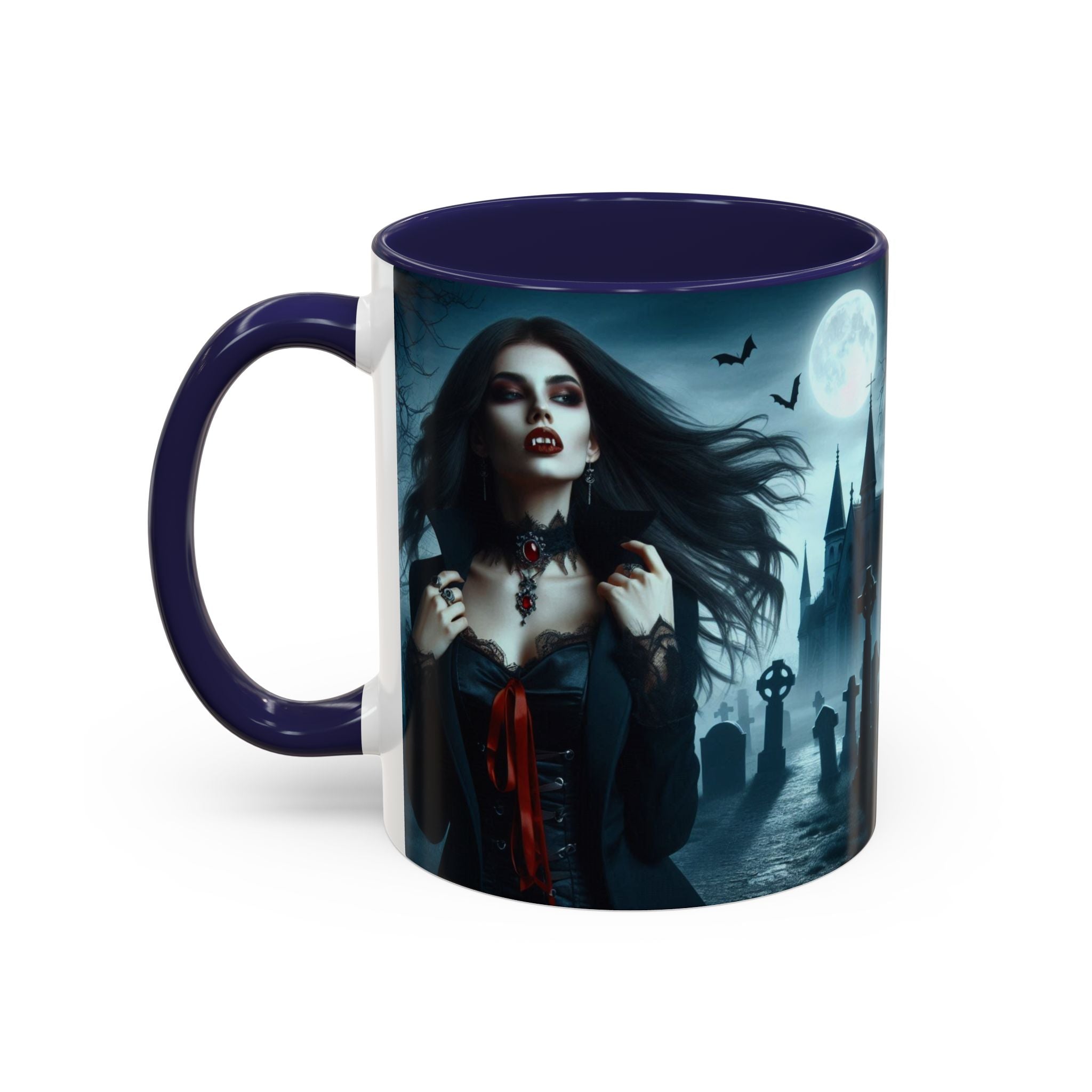 Gothic Vampire Coffee Mug - Spooky Halloween Drinkware in graveyard by castle