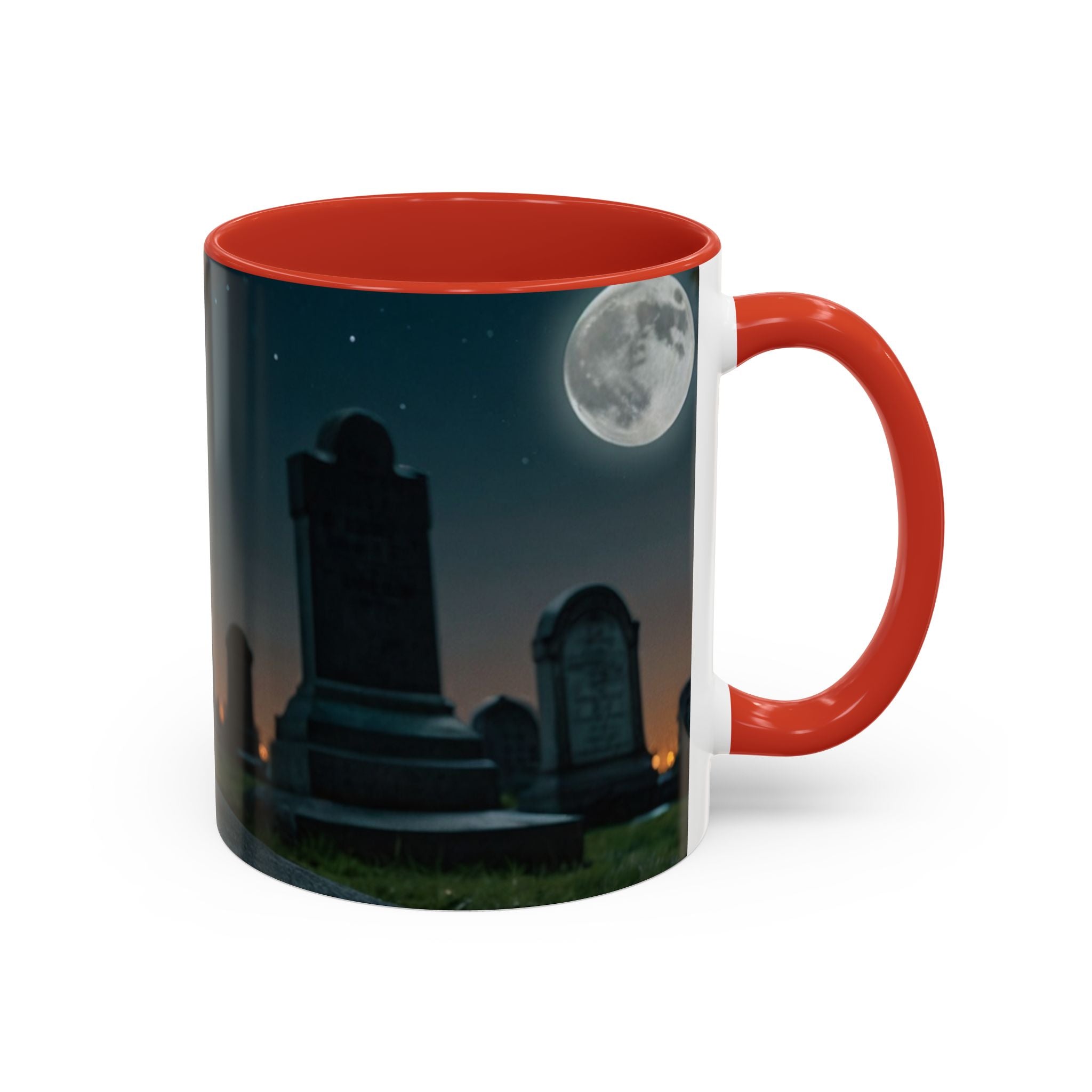 Spooky Black Cat Accent Coffee Mug in graveyard at night with full moon halloween