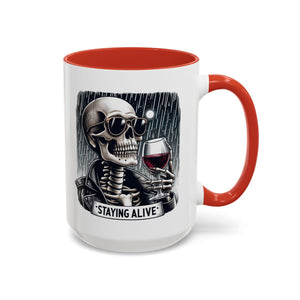 Stylish Skull Coffee Mug, Gothic Drinkware, Staying Alive Gift for Halloween, Funny Office Mug, Alternative Drinkware