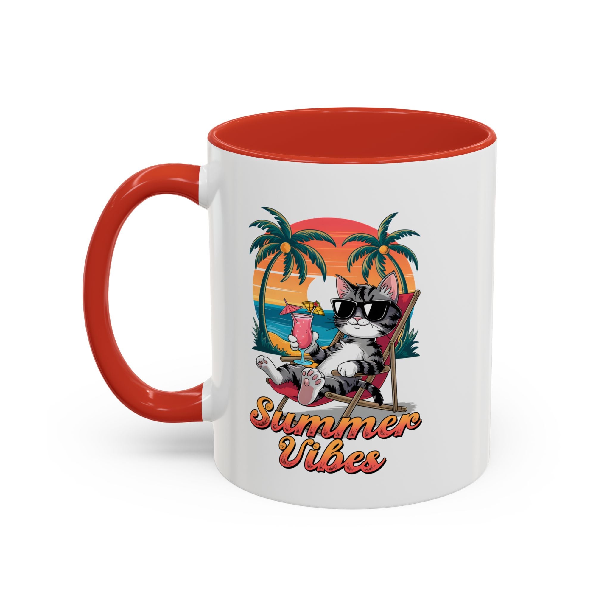 Summer Vibes Coffee Mug, Tropical Cat Mug, Beach Lover Gift, Fun Animal Sipware, Vacation-themed Drinkware, Pet Lover Cup