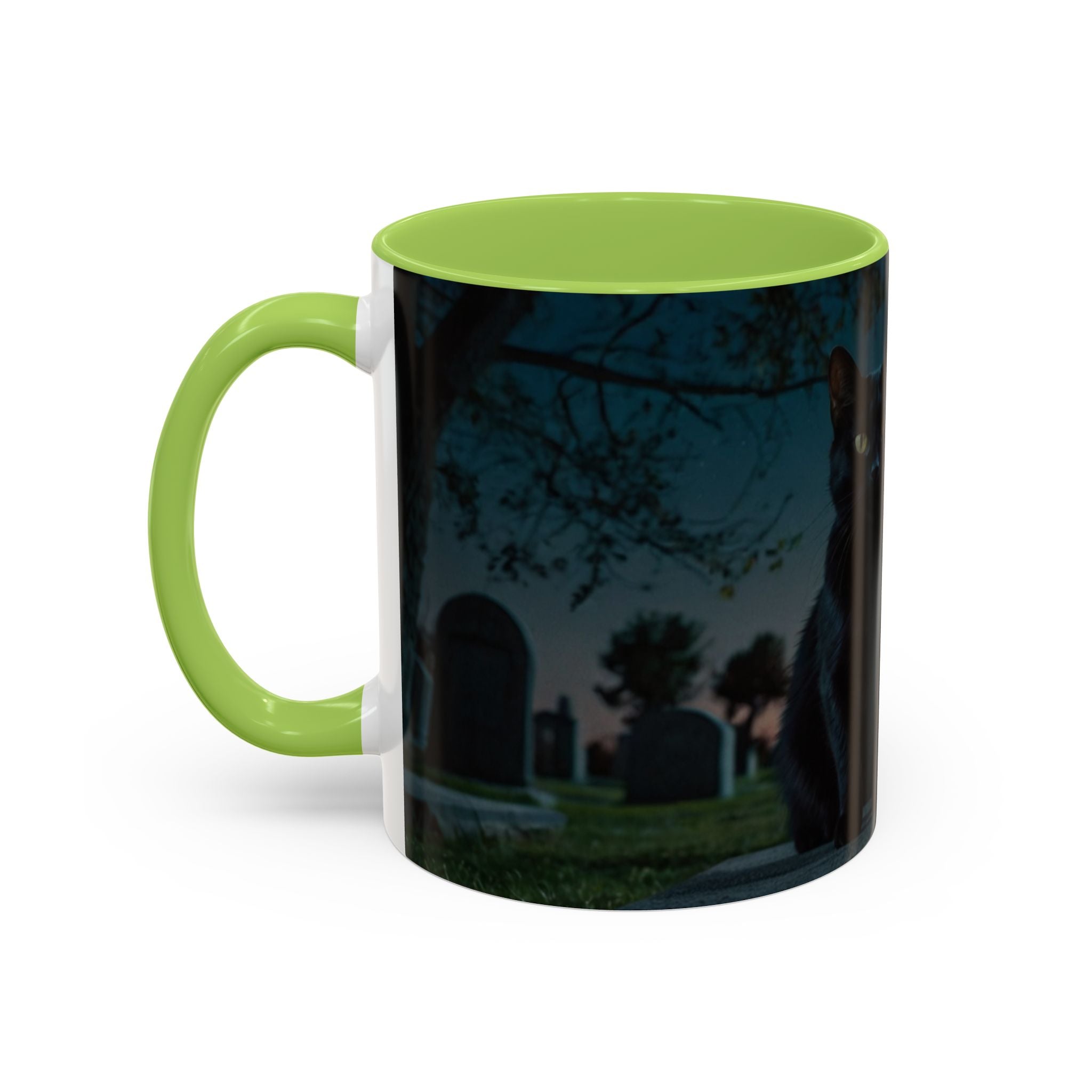 Spooky Black Cat Accent Coffee Mug in graveyard at night with full moon halloween