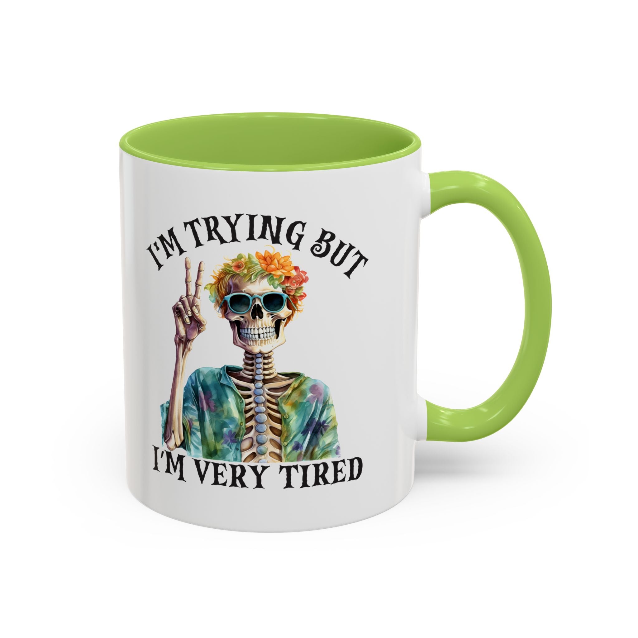 “I’m Trying But I’m Very Tired” Accent Coffee Mug – Skeleton Tie-Dye Design (11/15oz)