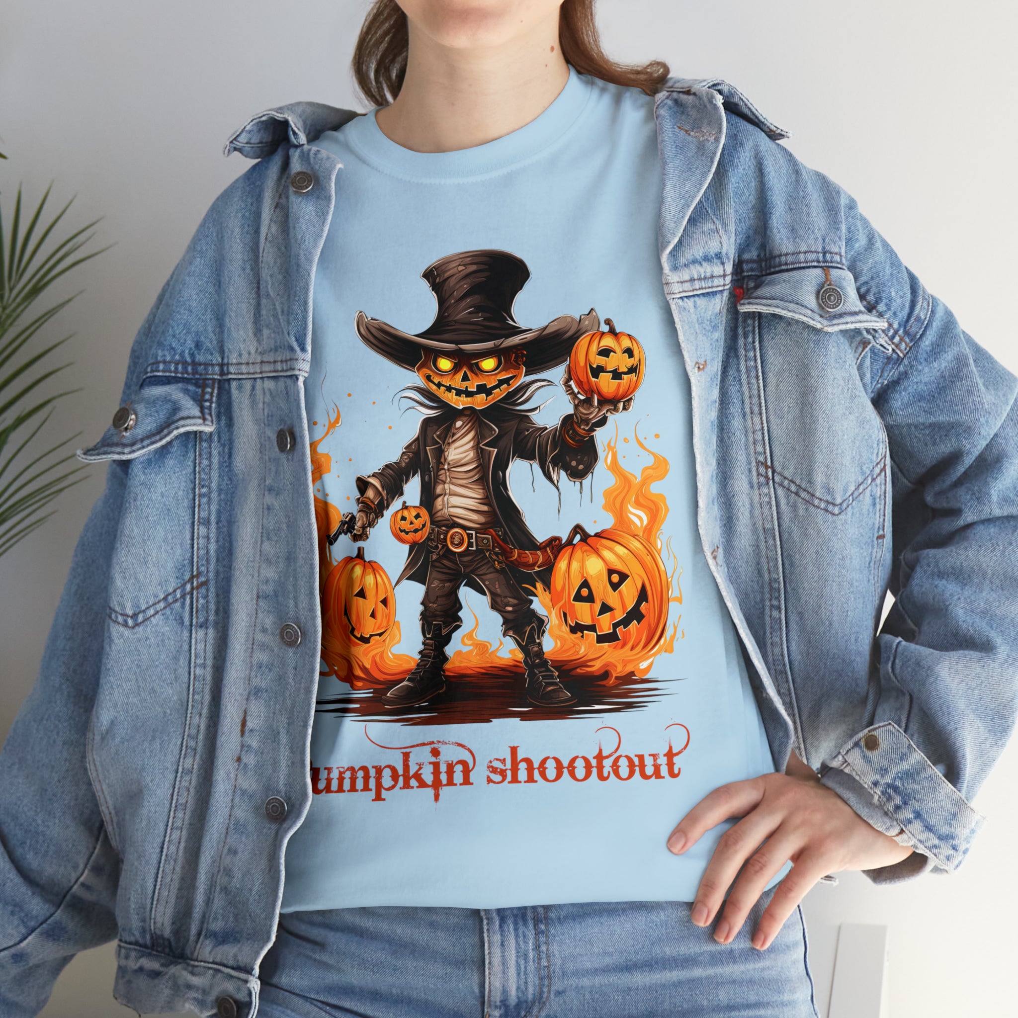Halloween t shirt pumpkin western style shootout funny fall fun scary stocking stuffer for whole family  cotton tee