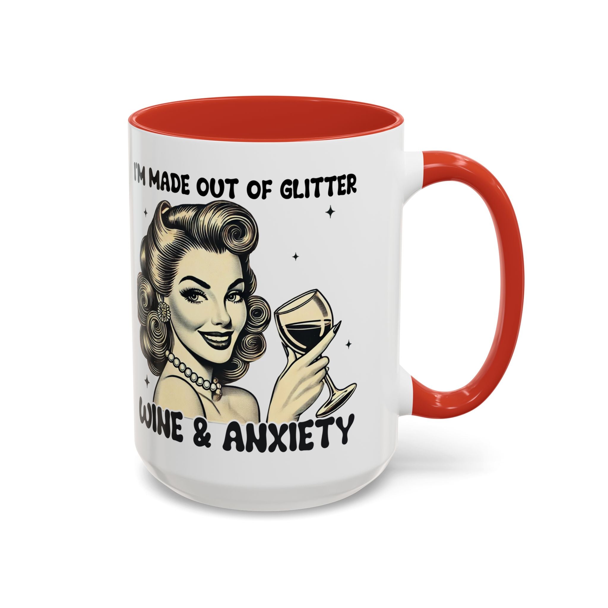 Wine & Anxiety Coffee Mug — "I'm Made Out of Glitter, Wine & Anxiety" Retro Accent Mug