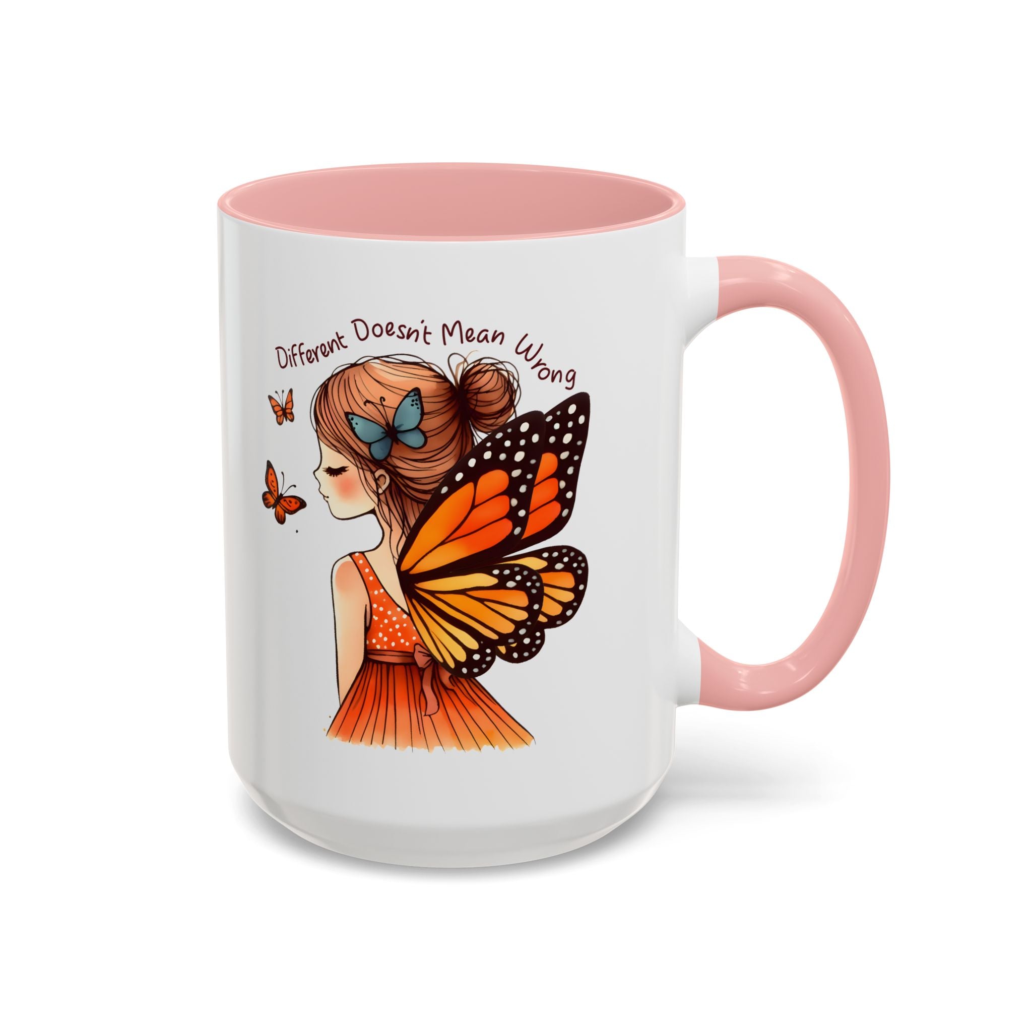Butterfly Girl Accent Coffee Mug – "Different Doesn't Mean Wrong" Inspirational Tea Mug