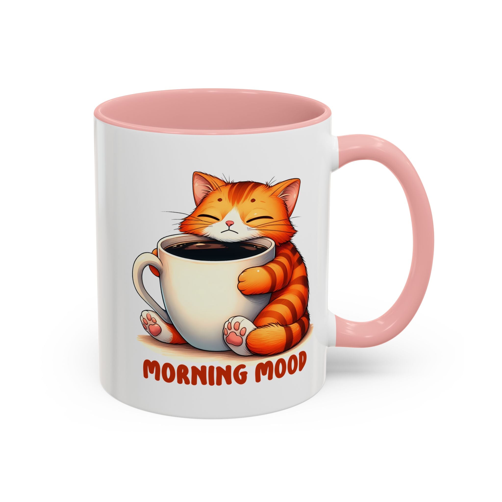 Morning Mood Cat Coffee Mug — Cute Orange Cat Holding Cup (11/15oz)
