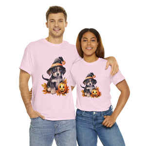 halloween t shirt puppy in witch hat cute gift for her stocking stuffer fall fun item for whole family Unisex Heavy Cotton Tee