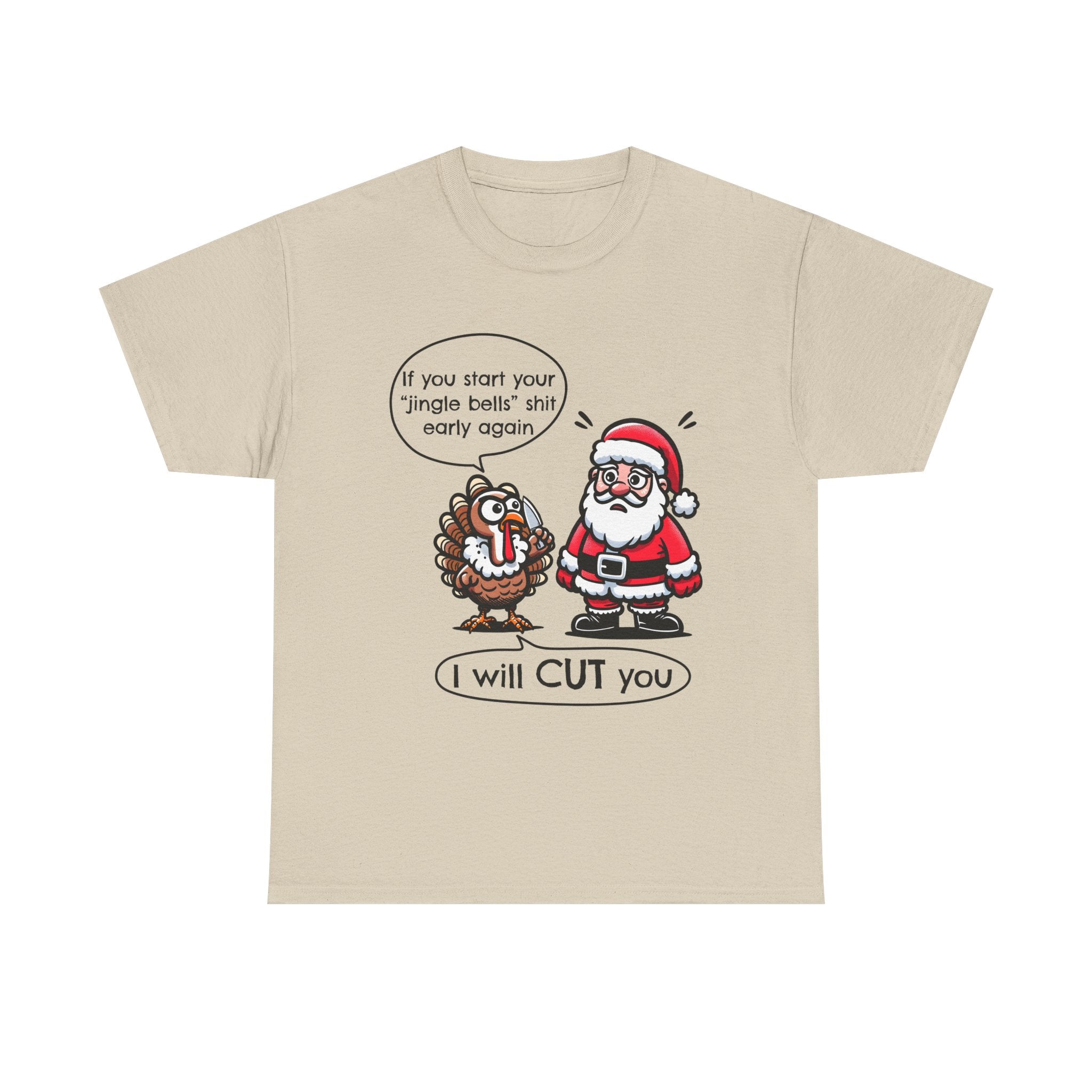 Funny Holiday Tee: 'I Will CUT You' Santa & Turkey Design, Christmas Gift, Unisex Cotton Shirt, Thanksgiving Humor, Festive Apparel